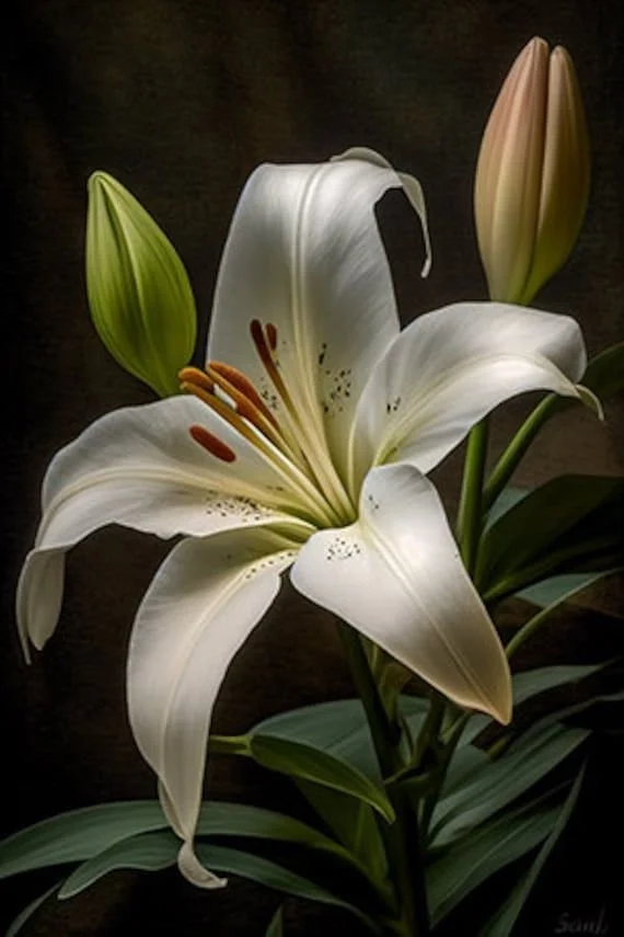 Close-up of a white lily flower with unopened buds and green leaves against a dark background.
