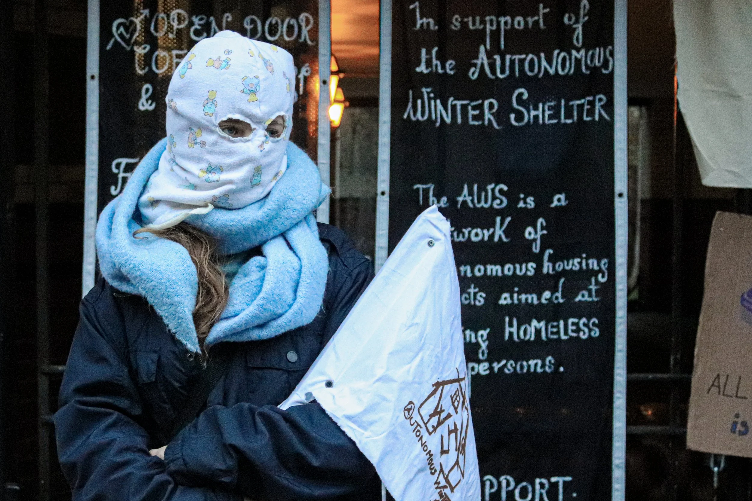 'faceless, houseless' - December 2022, Eviction of the Waterloo Autonomous Winter Shelter and ACAB cafe, evicted after 2 months of living

"On the coldest day of the year, they placed their court papers on our door. They didn't need to do that, it wa