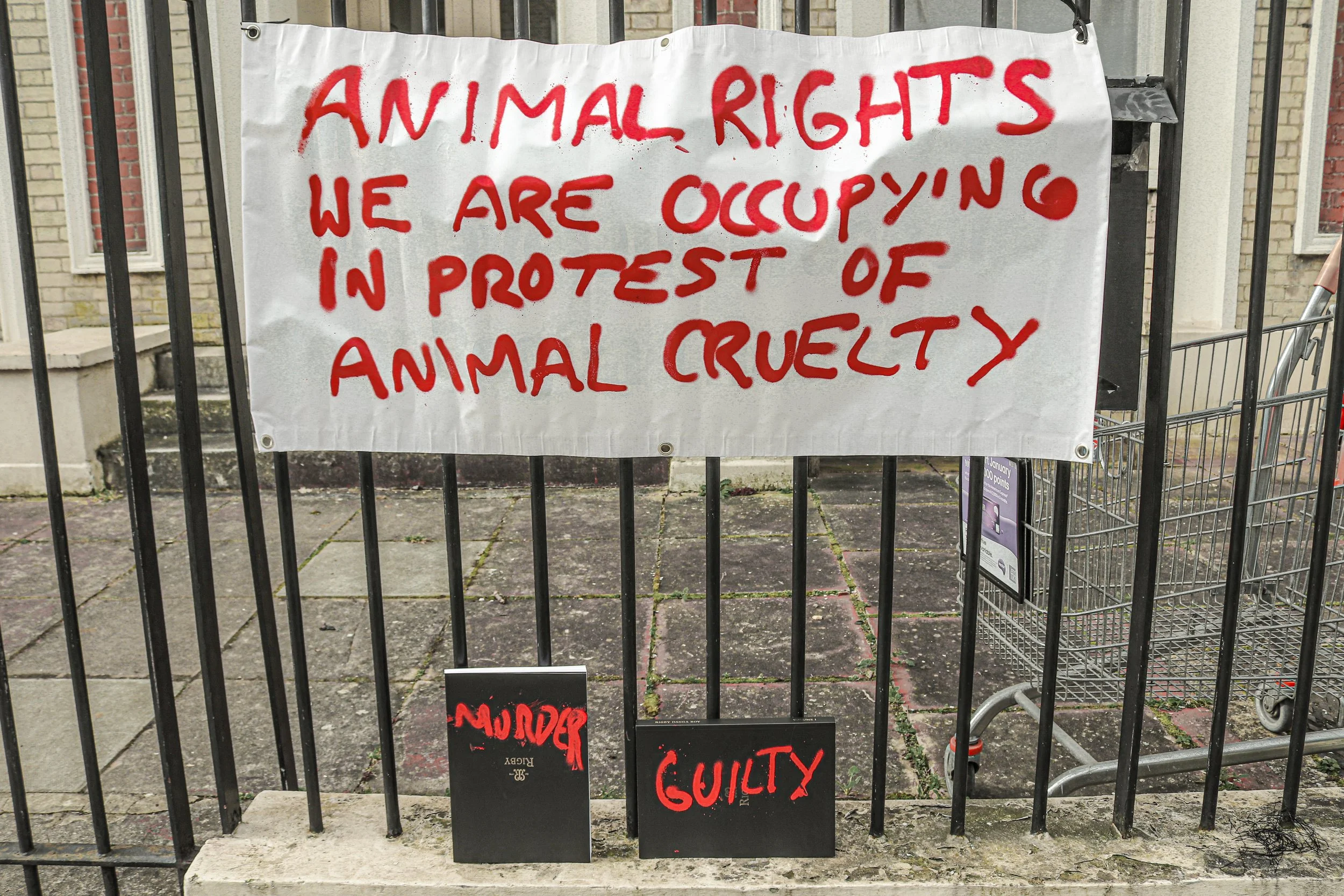 "Worse than bloody murder" - A squatted property in an upmarket neighbourhood of London, 2024. "They left this building abandoned for years and now we live here, they want to open it as a gun showroom. Wouldn't you rather live next door to homeless p