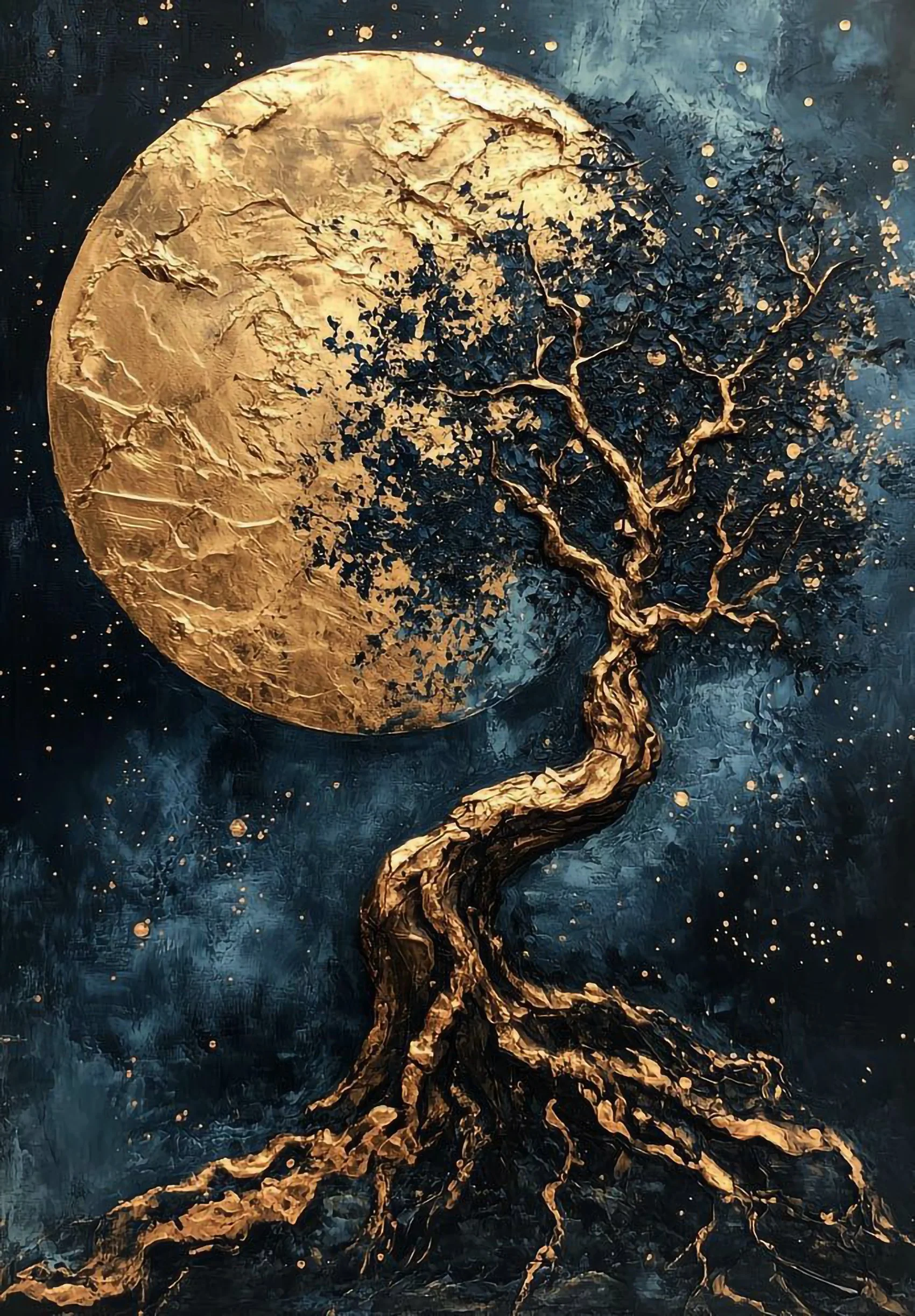 A painting of a tree with a large gold circle in the background resembling the moon, set against a dark, starry sky.