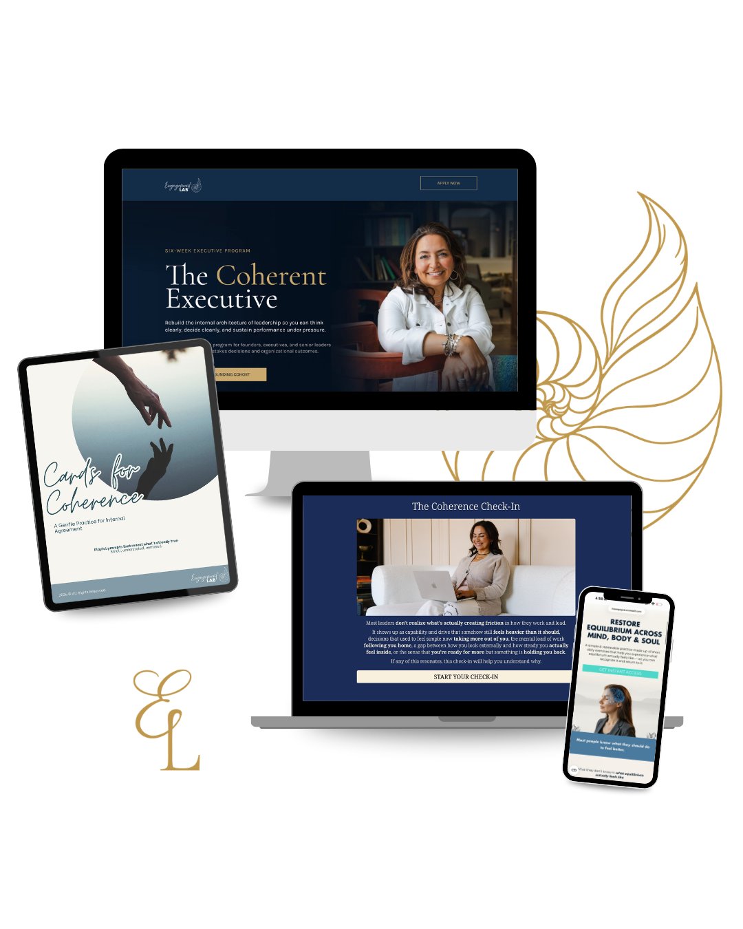 Digital devices displaying online leadership training programs, including a desktop monitor with a woman smiling on screen, a tablet with cards for conference practice, and a smartphone showing wellness content, all set against a black background with decorative leaves.