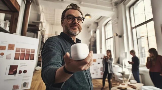 A man with glasses holding a small white device towards the camera, in a brightly lit room with large windows and other people in the background.