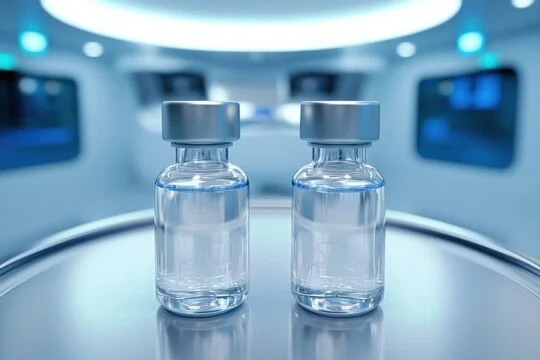 Two glass vials filled with clear liquid on a tray in a laboratory or medical setting.