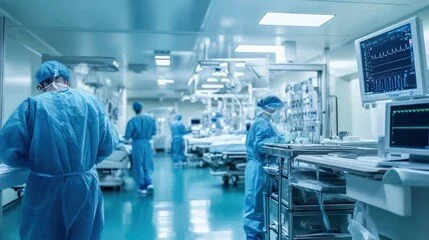 Medical professionals in surgical attire working in a hospital operating room with monitors and medical equipment.