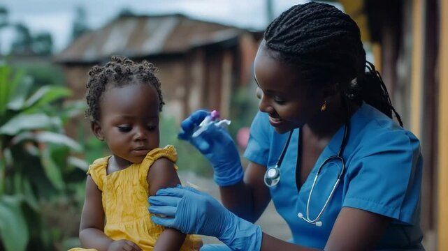 A healthcare worker giving a vaccine to a young girl outdoors