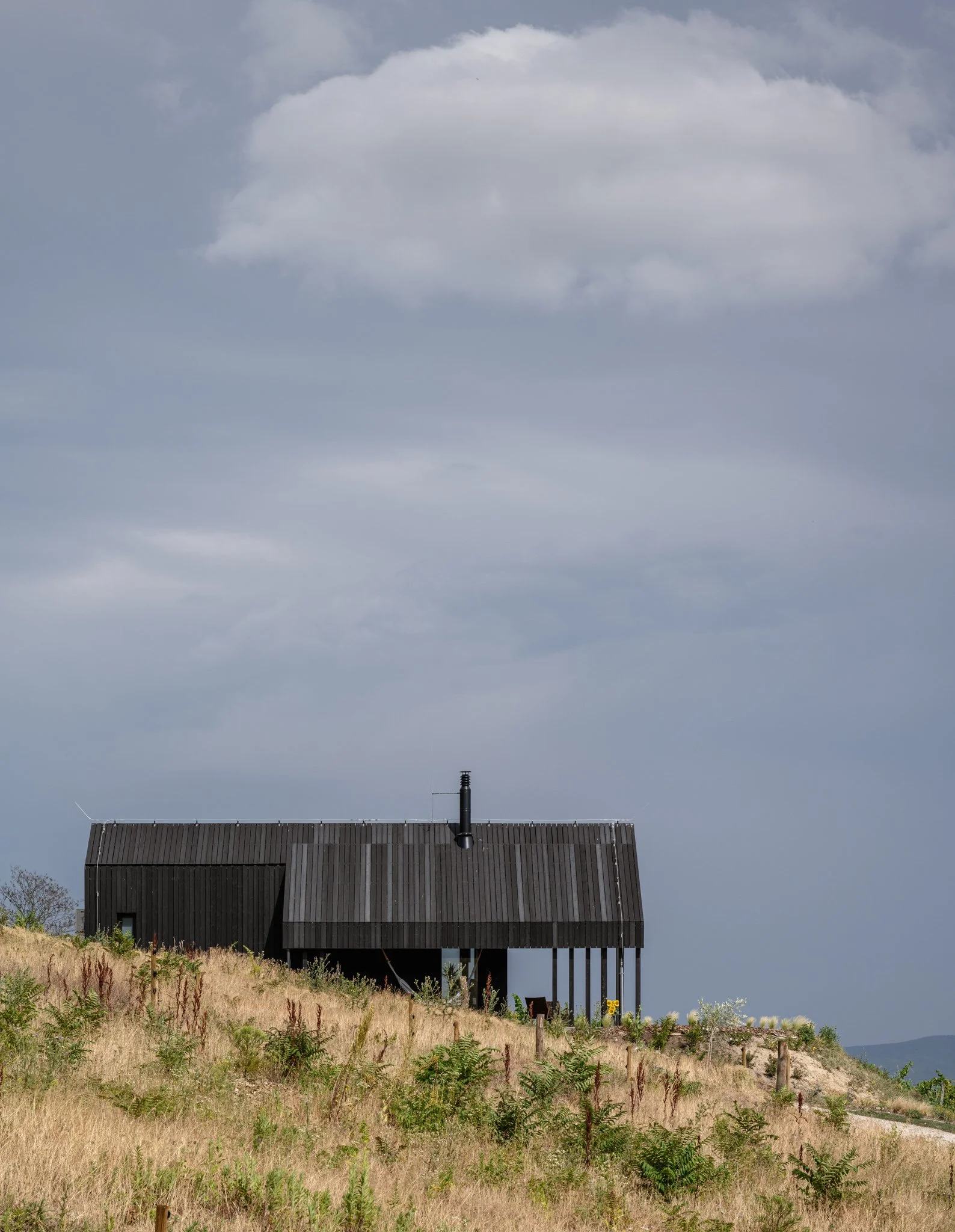 A black house on stilts on a grassy hillside with yellow and white flowers, under a cloudy sky.