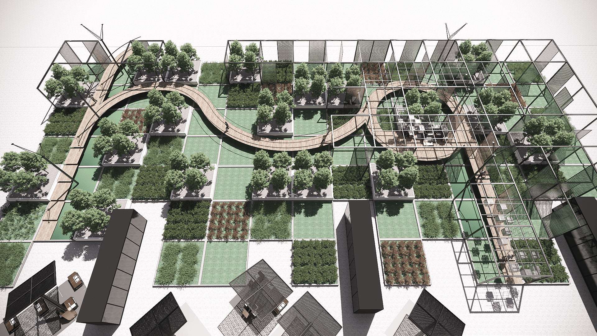 A detailed architectural rendering of a rooftop garden and greenhouse with pathways, trees, and garden plots, viewed from above.