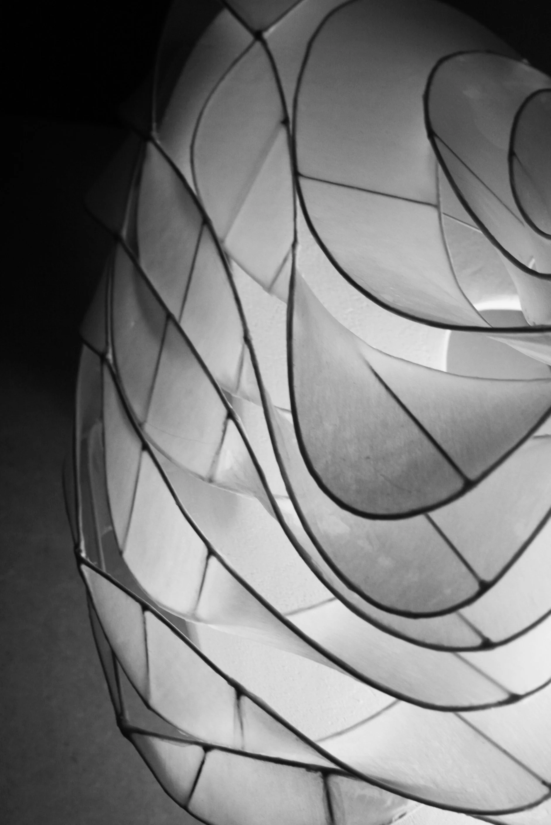 Close-up of a paper sculpture with layered, curled paper edges and black outlines, viewed in black and white.
