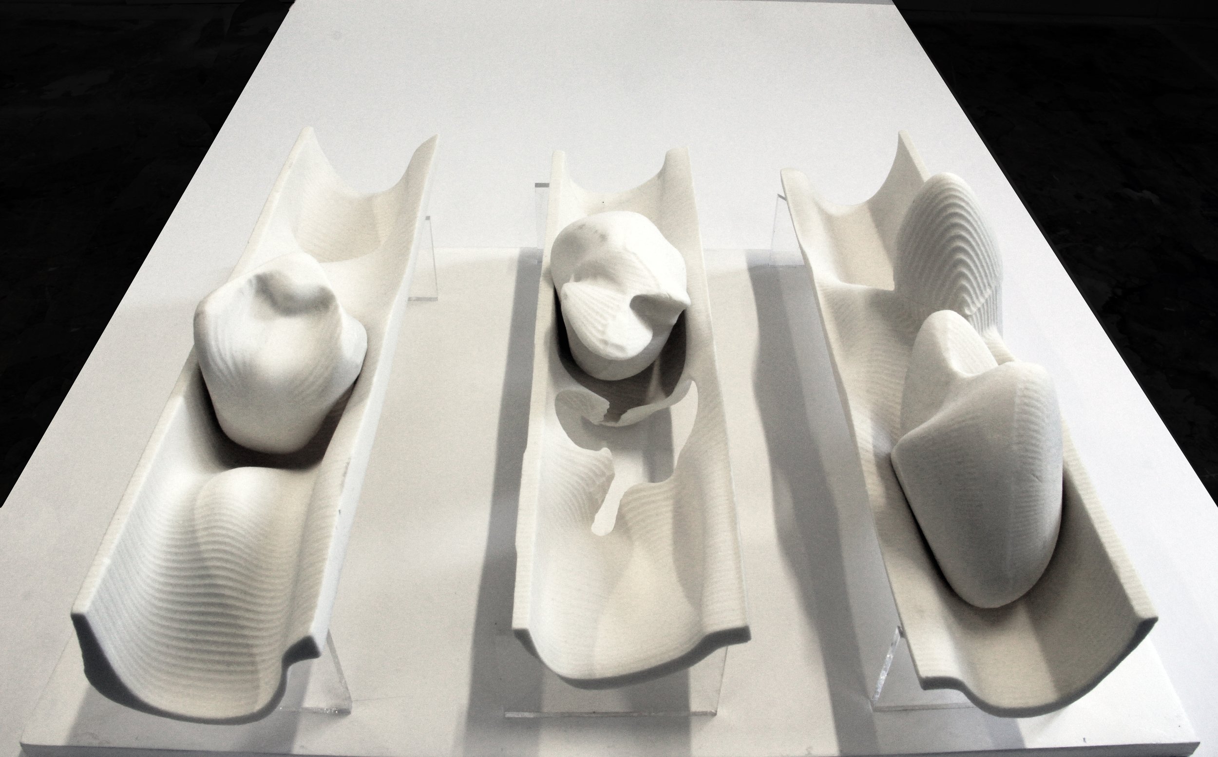 White sculptural art pieces resembling abstract organic shapes displayed on transparent stands on a white table.