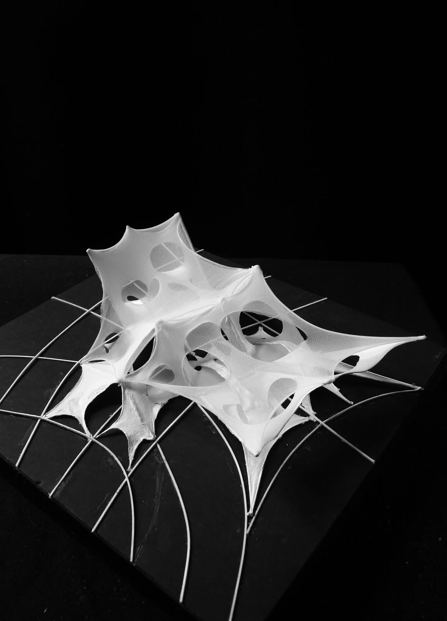 A sculptural art piece resembling a web-like structure made of white, thin, textured material with holes, placed on a black surface with a wireframe grid underneath, against a dark background.