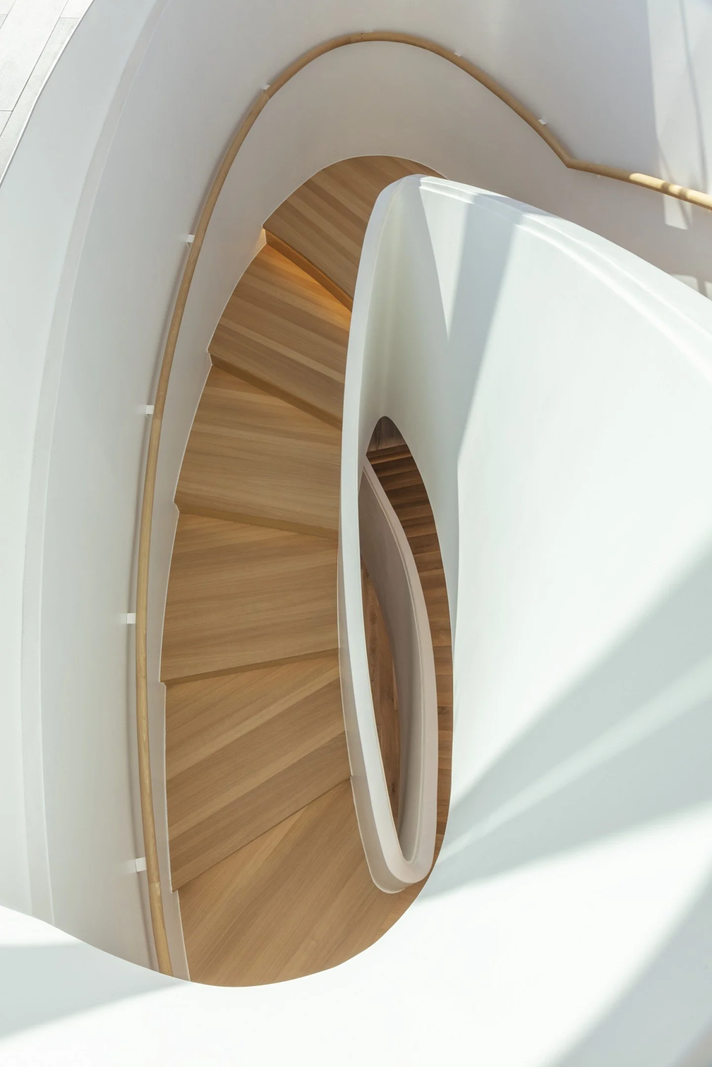 Spiral staircase viewed from above, with wooden steps and white sides, curving down in a modern interior