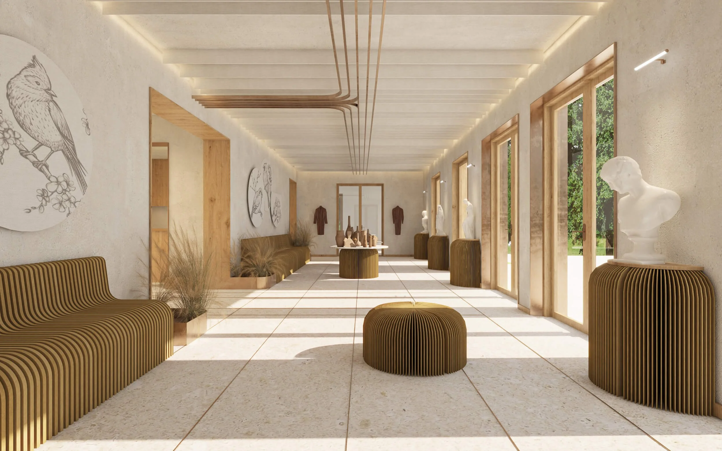 A modern art gallery with wooden sculptures and busts along the glass windows, decorated with art on the walls, beige flooring, and minimalistic furniture.