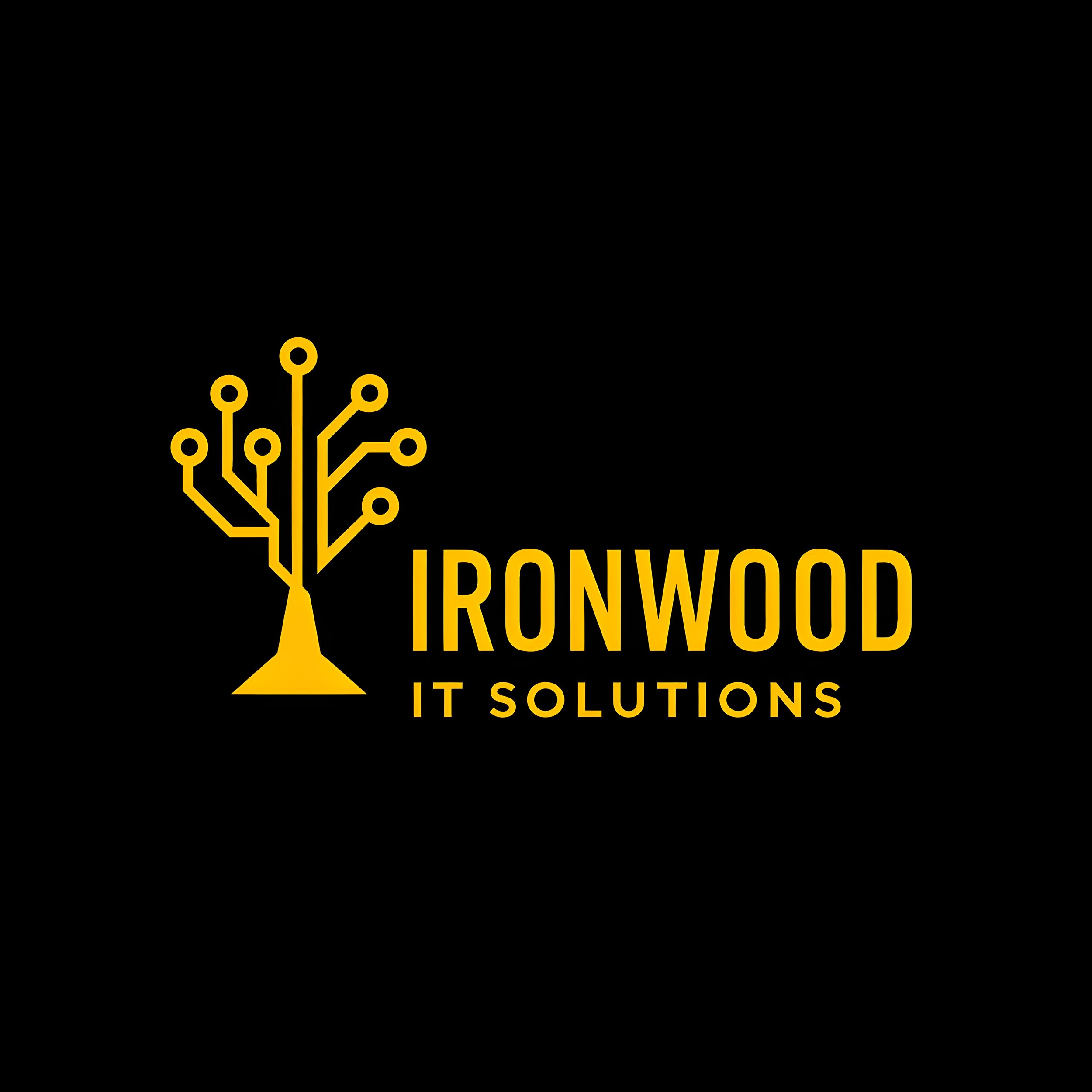 Logo for Ironwood IT Solutions featuring a yellow stylized tree with circuit lines on a black background and the company name in bold yellow text.