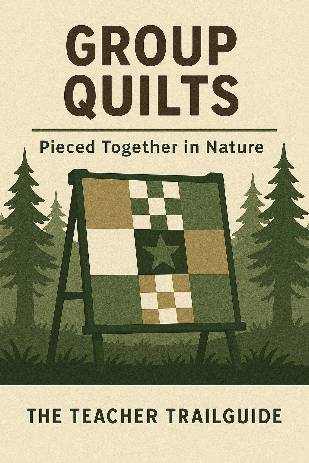 Cover of a guidebook titled "Group Quilts: Pieced Together in Nature." The cover features a quilt with a star and checkerboard pattern displayed on an easel, surrounded by stylized evergreen trees.