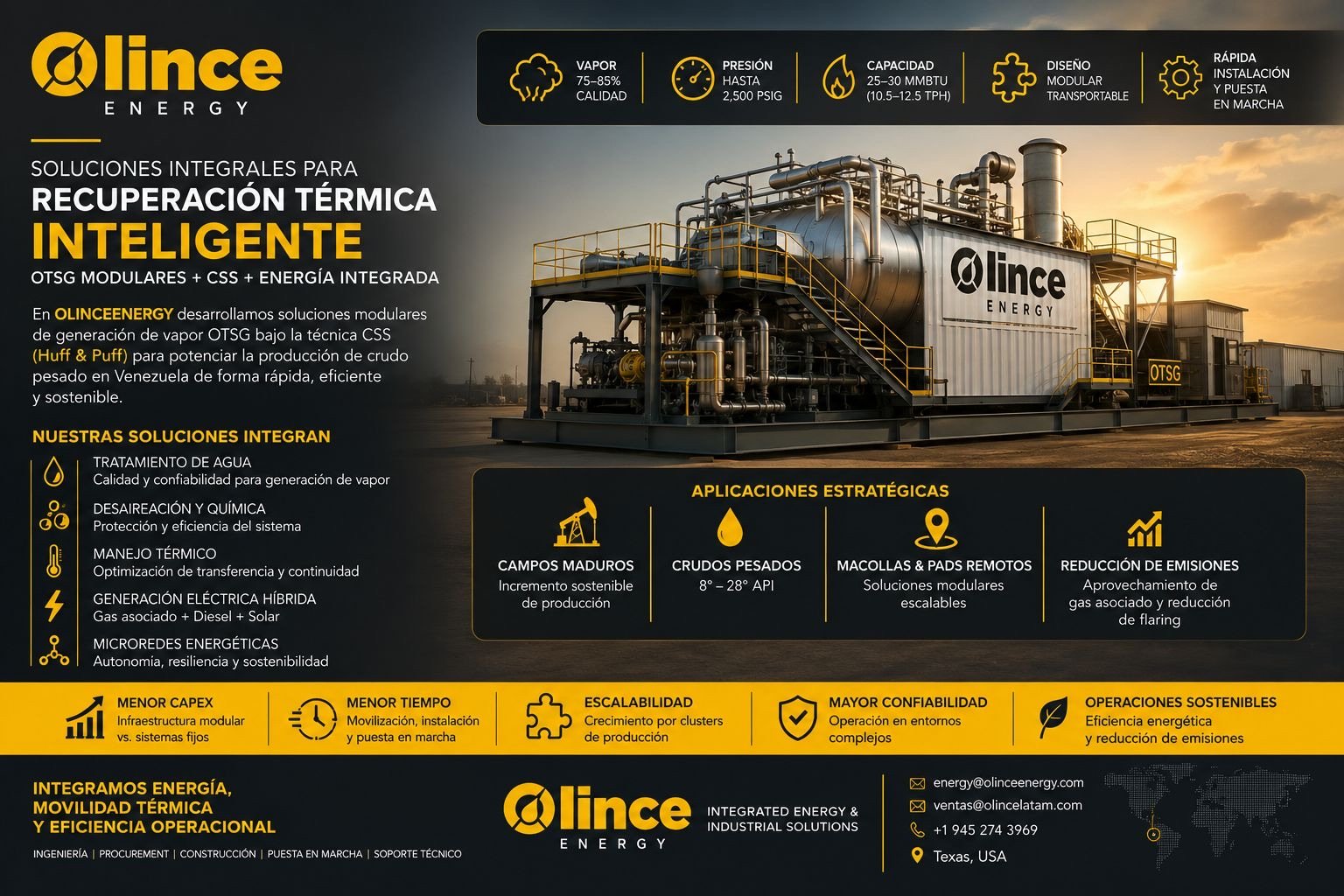 Infografía de Lince Energy mostrando un equipo de generación de vapor con un texto informativo sobre soluciones para recuperación térmica inteligente, aplicaciones estratégicas y beneficios como menor CAPEX, menor tiempo, escalabilidad, confiabilidad y sostenibilidad operativa.