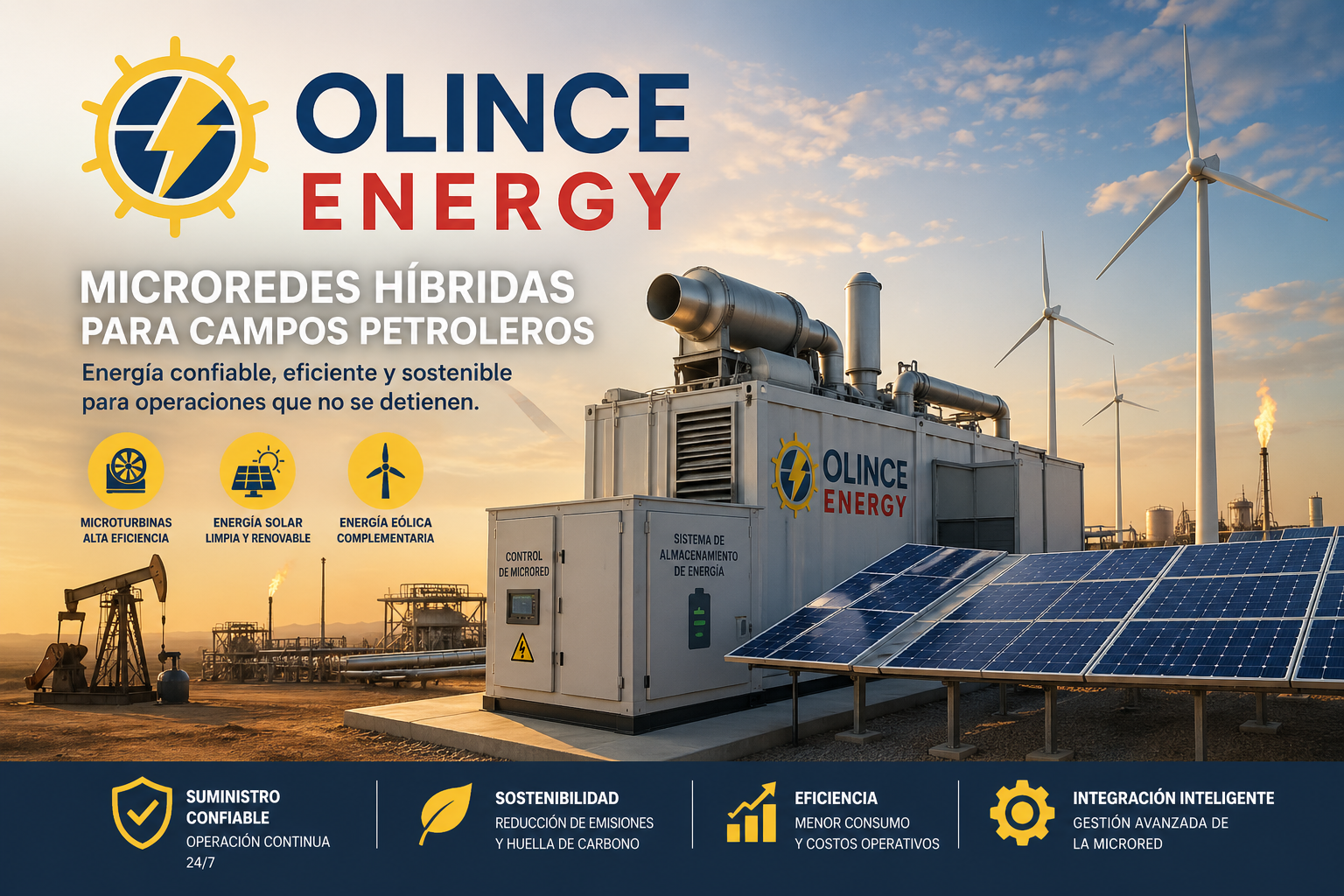 Publicidad de energía de la marca OLINCE ENERGY destacando microredes híbridas para campos petroleros, con energías renovables como solar y eólica, y una infraestructura energética moderna en un entorno industrial con turbinas y aerogeneradores al atardecer.