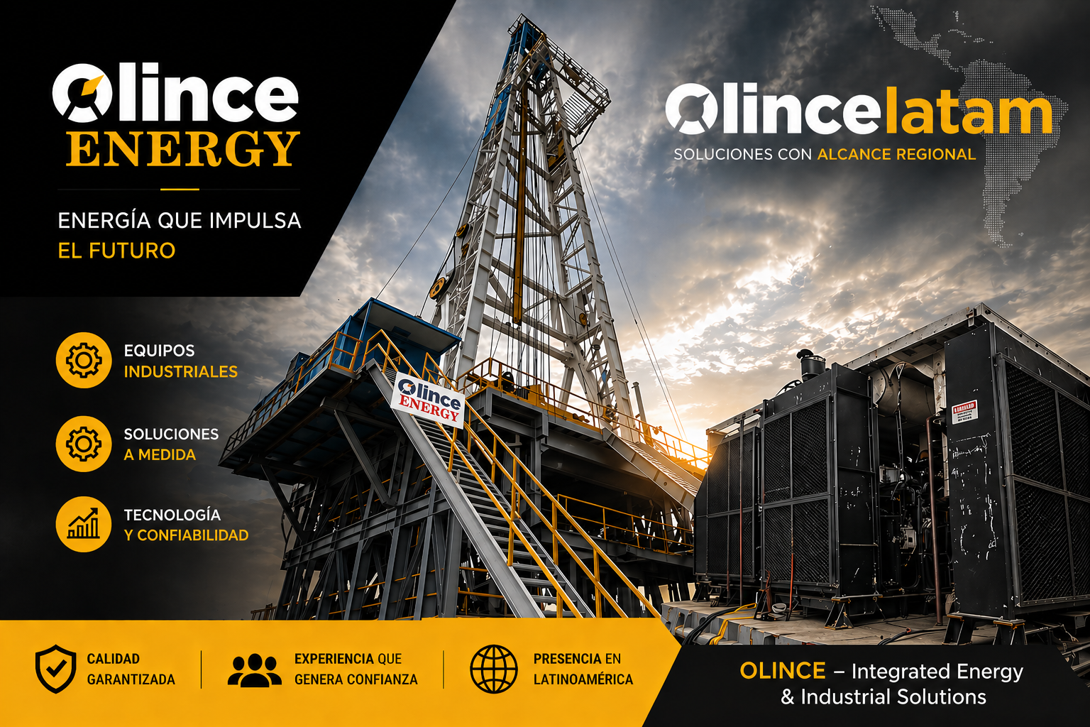 Imagen de una plataforma petrolera con un logo de la empresa Olincel Energy y el texto en español que promociona soluciones de energía con alcance regional en Latinoamérica, resaltando aspectos como equipos industriales, soluciones a medida, tecnología confiable, calidad garantizada, experiencia confiable, y presencia en Latinoamérica.