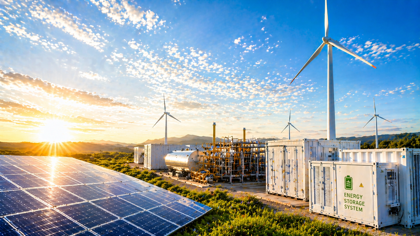 Paneles solares, aerogeneradores y equipo de almacenamiento de energía en un paisaje al atardecer