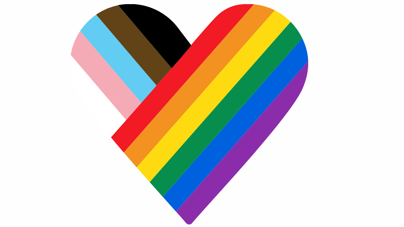 A heart-shaped object made of rainbow-colored stripes on a white background.