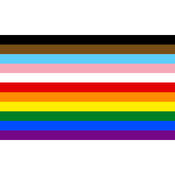 A rainbow pride flag with black and brown stripes at the top and rainbow stripes below, against a black background.