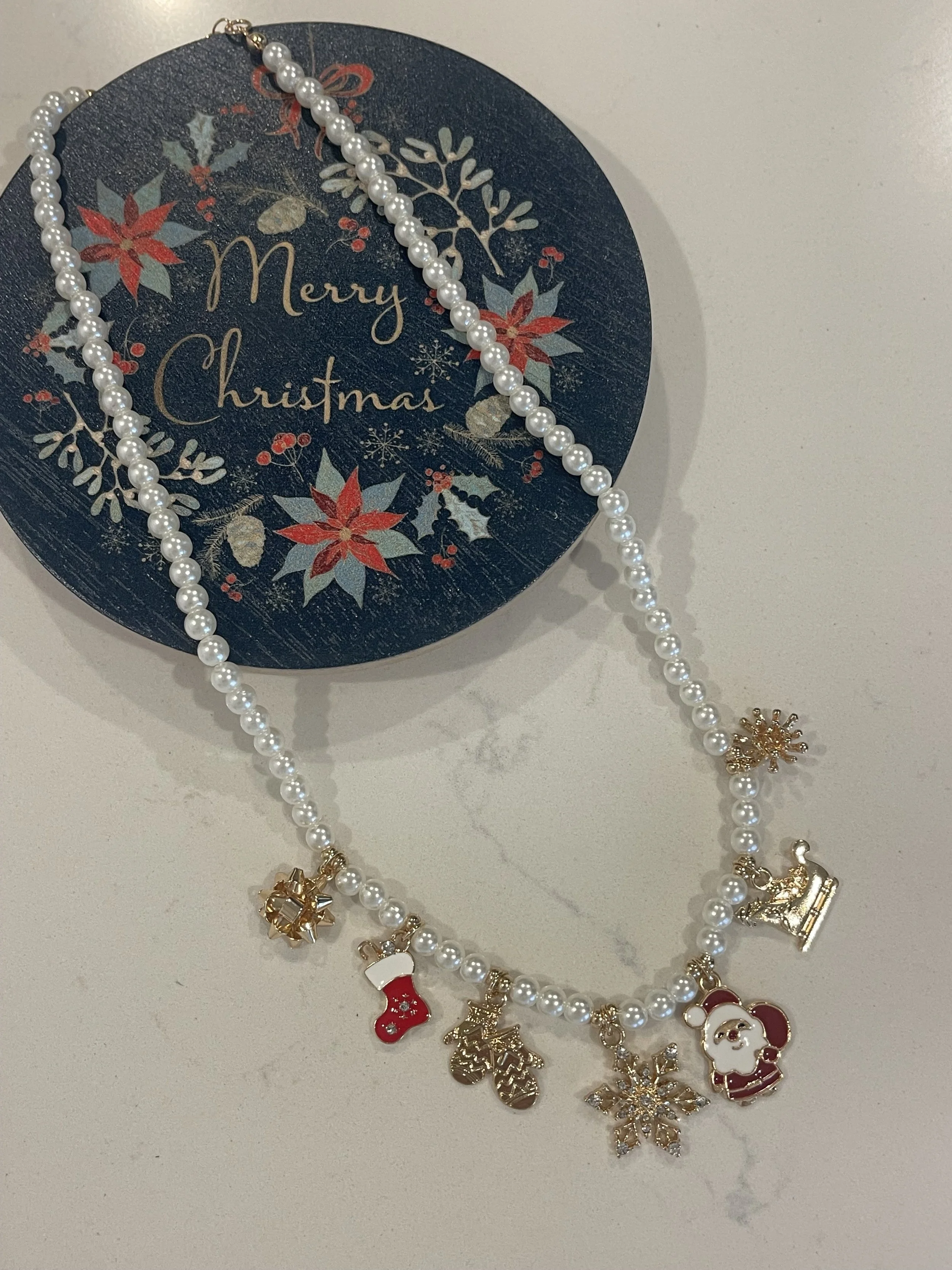 Christmas Pearl Charm Necklace – Tree, Stocking & Snowflake