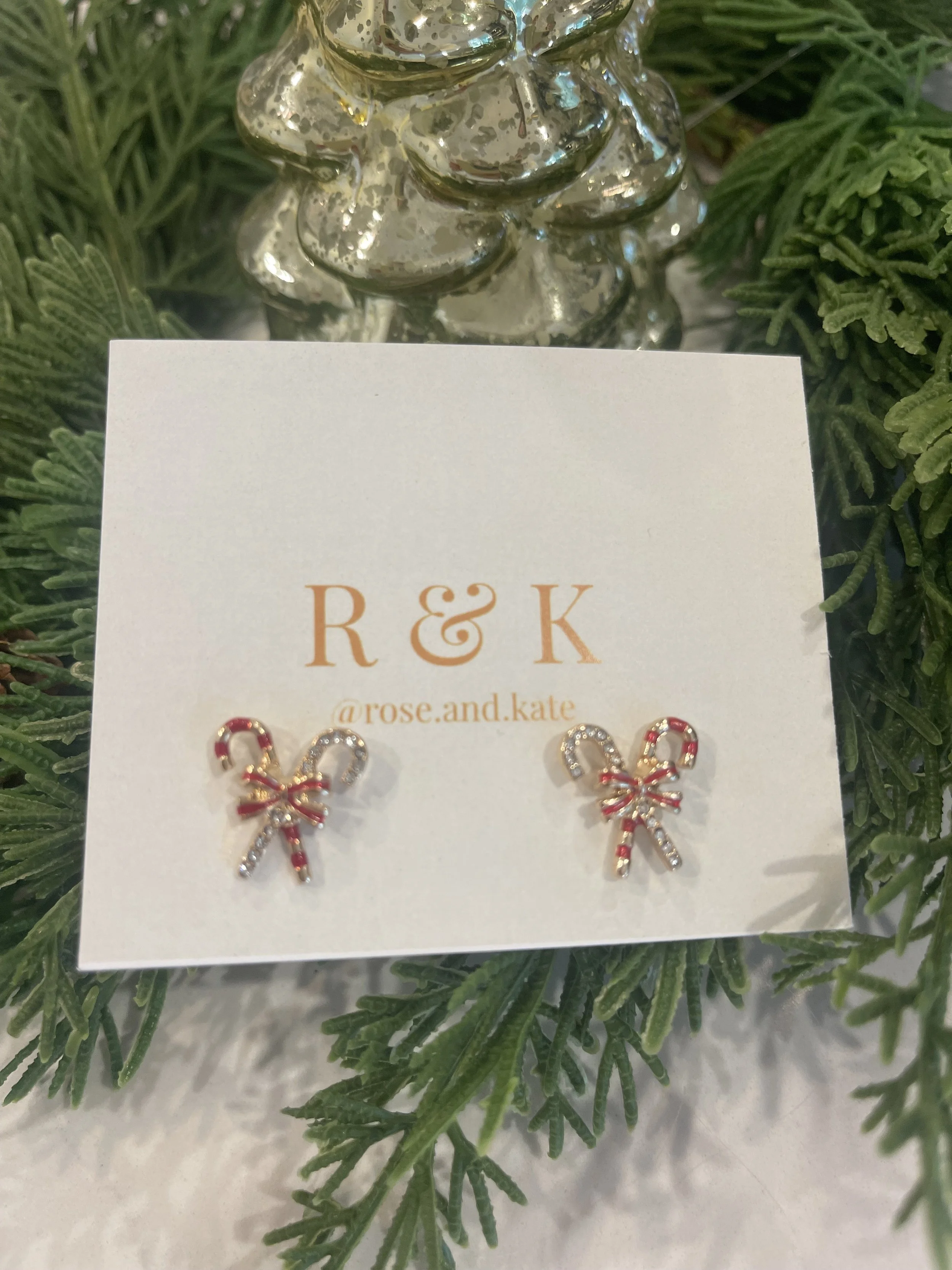 Christmas Candy Cane Rhinestone Bow Earrings