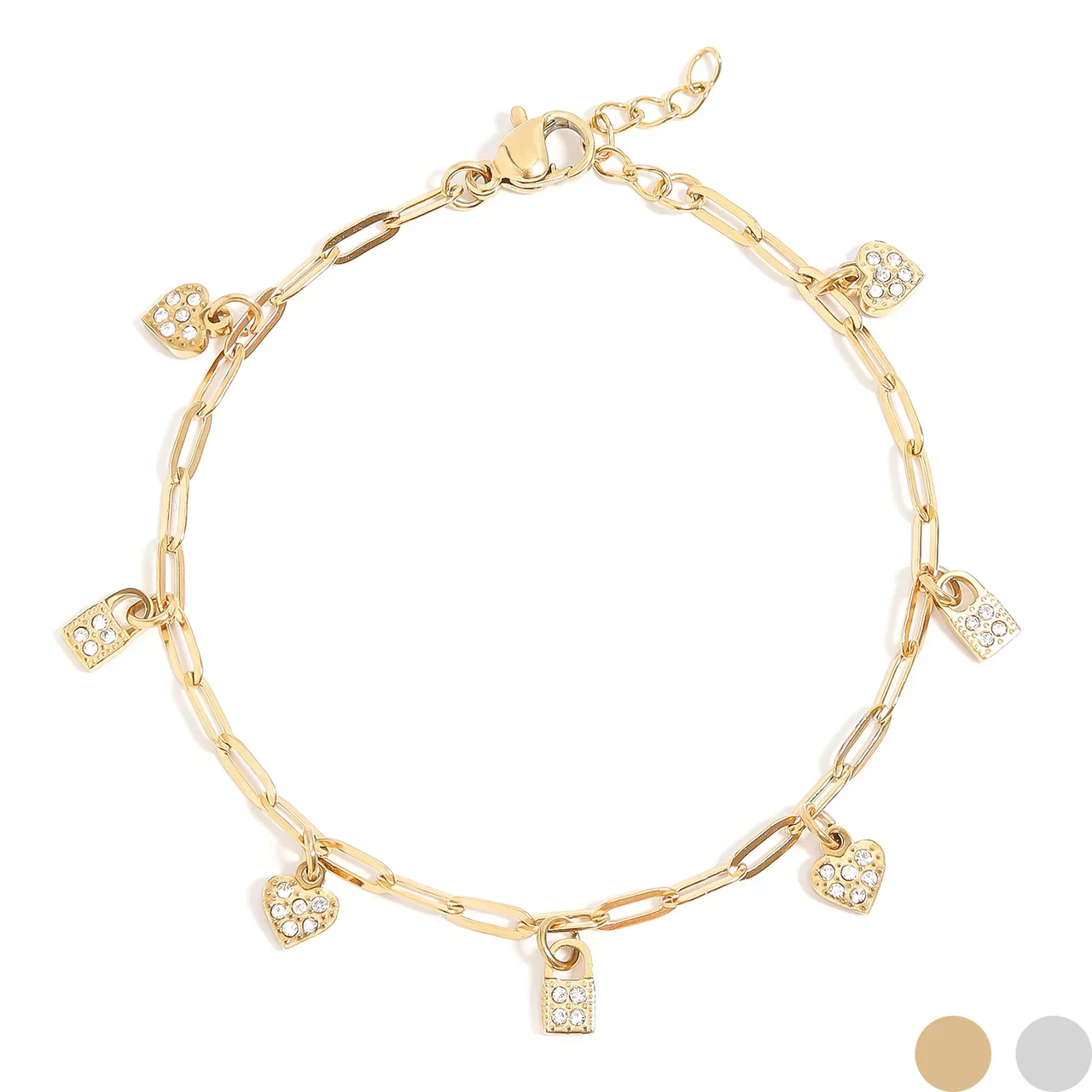 Gold Charm Heart and Lock Bracelet with Crystal Accents