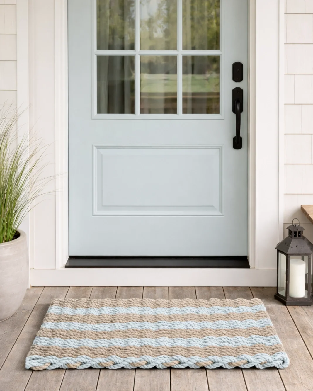 Lobster Rope™ Outdoor Doormat: Sand & Seafoam Cabana Stripes