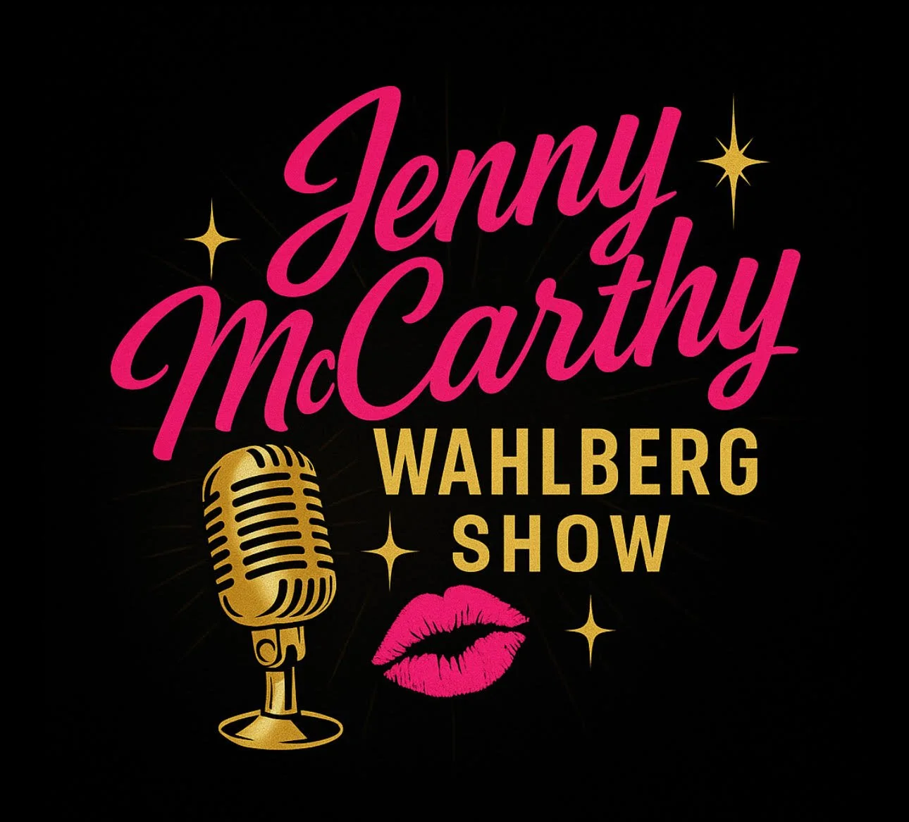 Promotional graphic for Jenny McCarthy Wahlberg Show featuring pink and gold text, a gold microphone, pink lips, and gold stars on a black background.