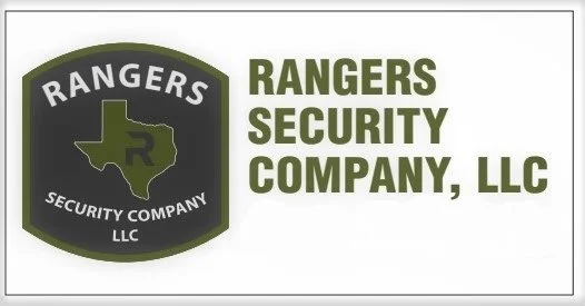 Logo for Rangers Security Company, LLC featuring a Texas map outline with a shield and the letter 'R'.