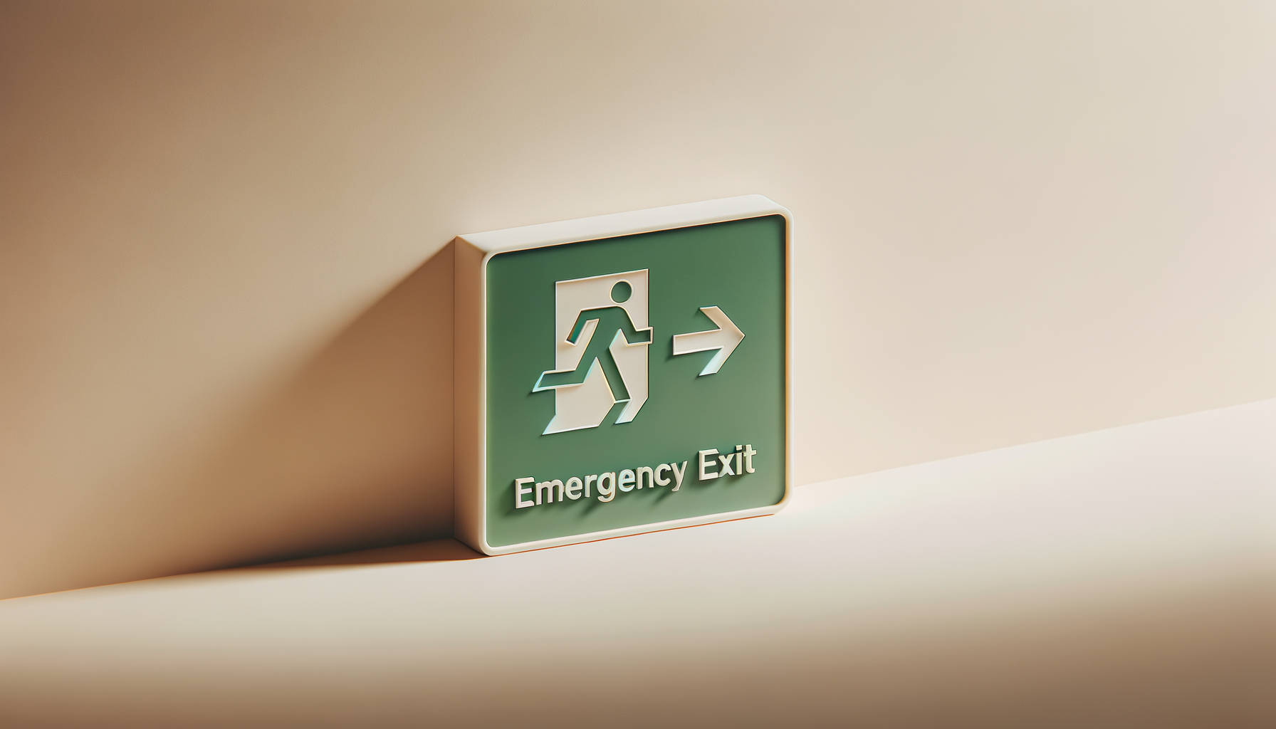 Green emergency exit sign with a running figure and arrow pointing to the right on a beige wall.