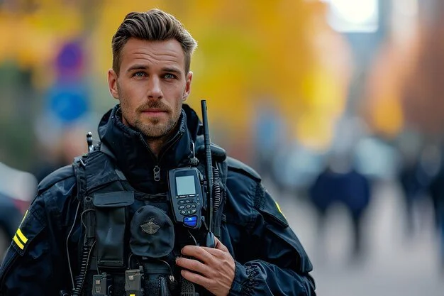 A male police officer in uniform standing outdoors with a serious expression, holding a radio device on his chest with his right hand, in a city setting with blurred background of pedestrians and traffic signals.