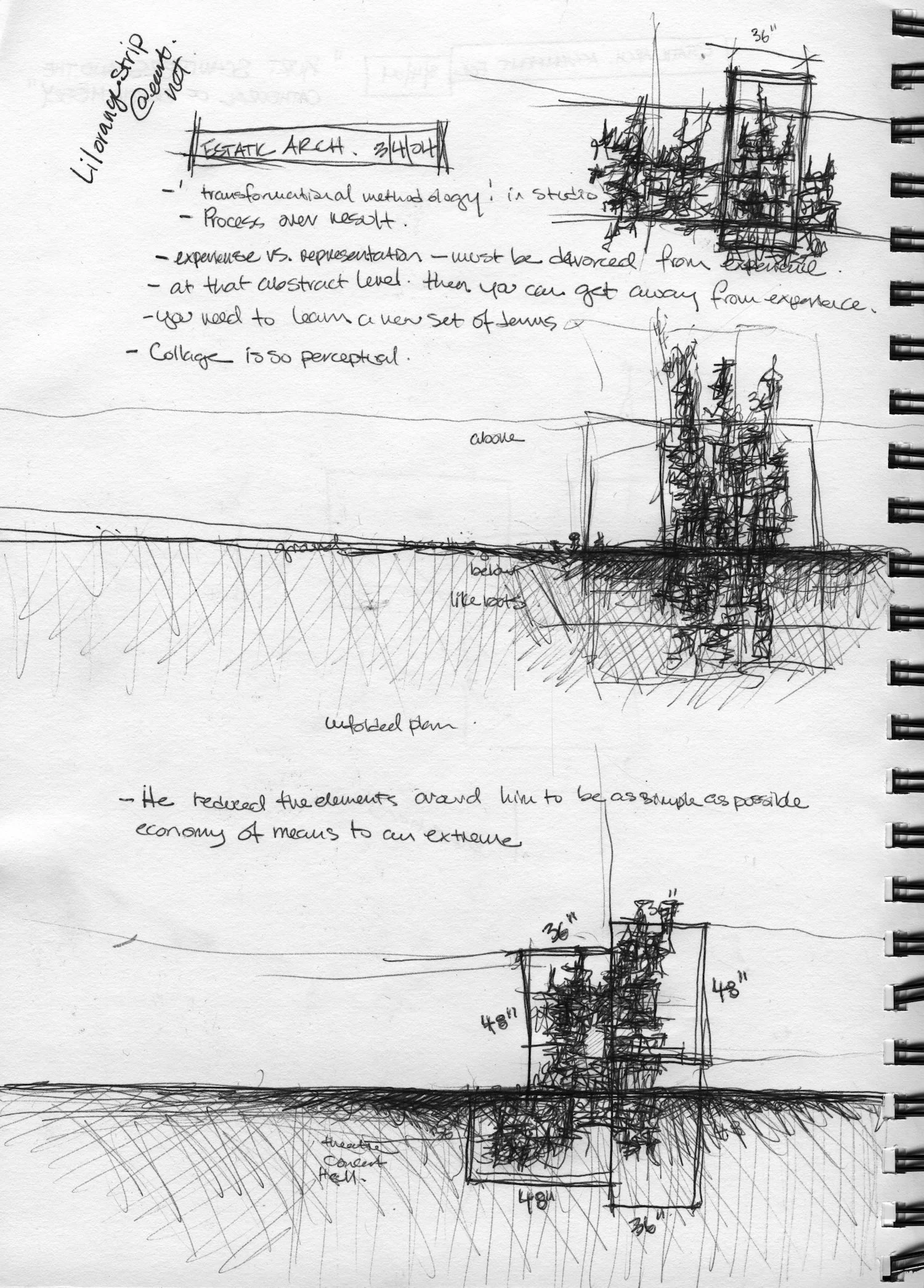 Design 402 - Ecstatic Architecture: School for the Performing Arts - Process Drawing, concept sketch (pen on paper)