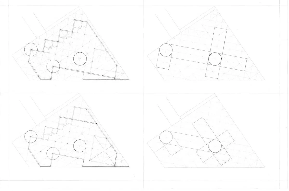 Design 301 | Comprehensive Design - Critic: Professor Donald Cromley (3rd Year, Fall 2002) - Hand-drawn plans, 1st floors (pencil on vellum)
