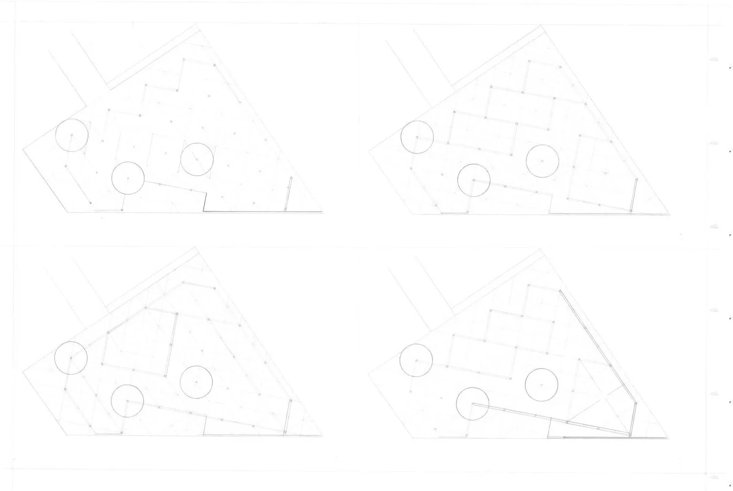 Design 301 | Comprehensive Design - Critic: Professor Donald Cromley (3rd Year, Fall 2002) - 4 hand-drawn plans, upper floors (pencil on vellum)