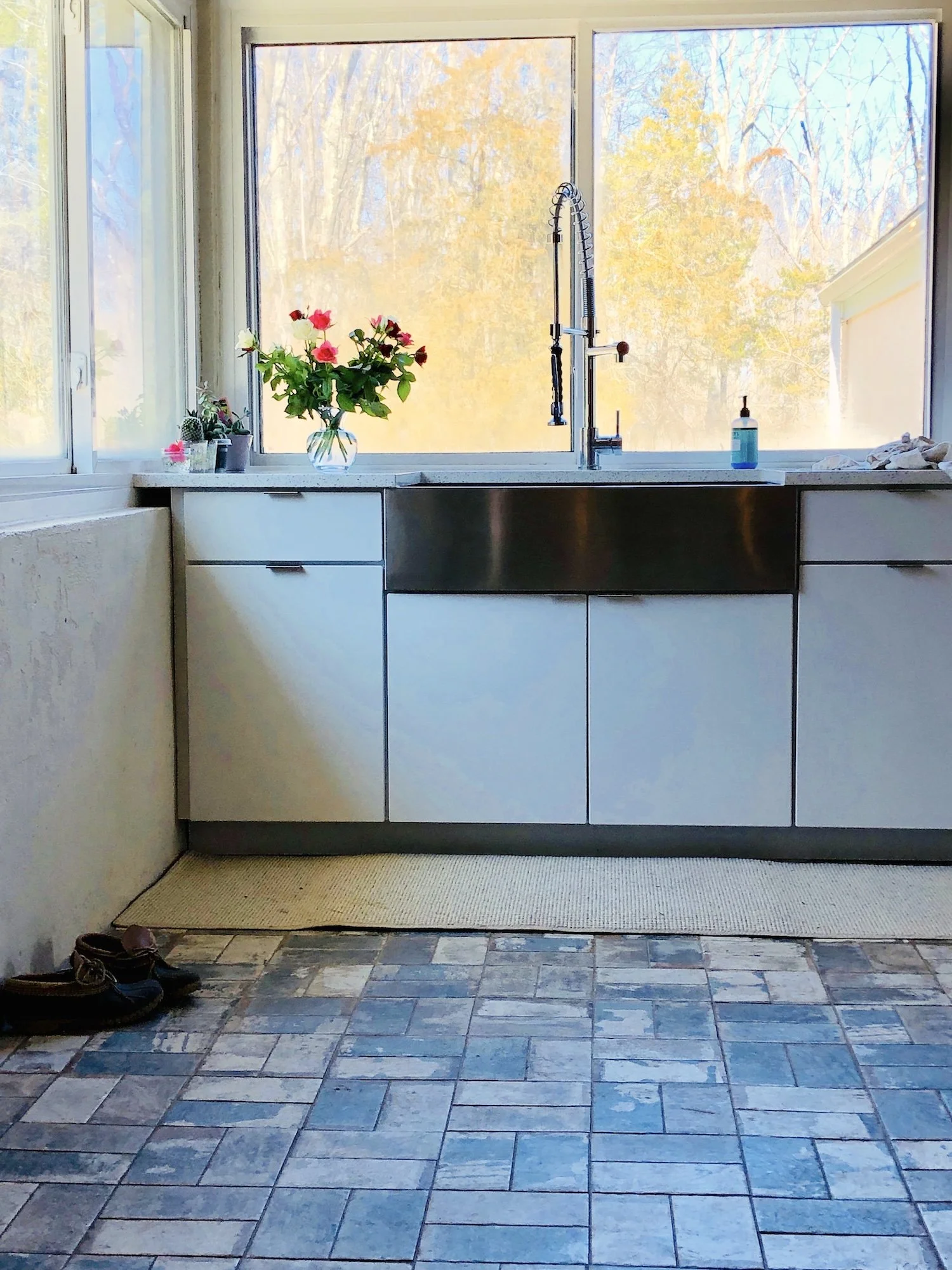Stainless steel farmhouse-style sink with industrial faucet (photo faces North window with West window to the left)