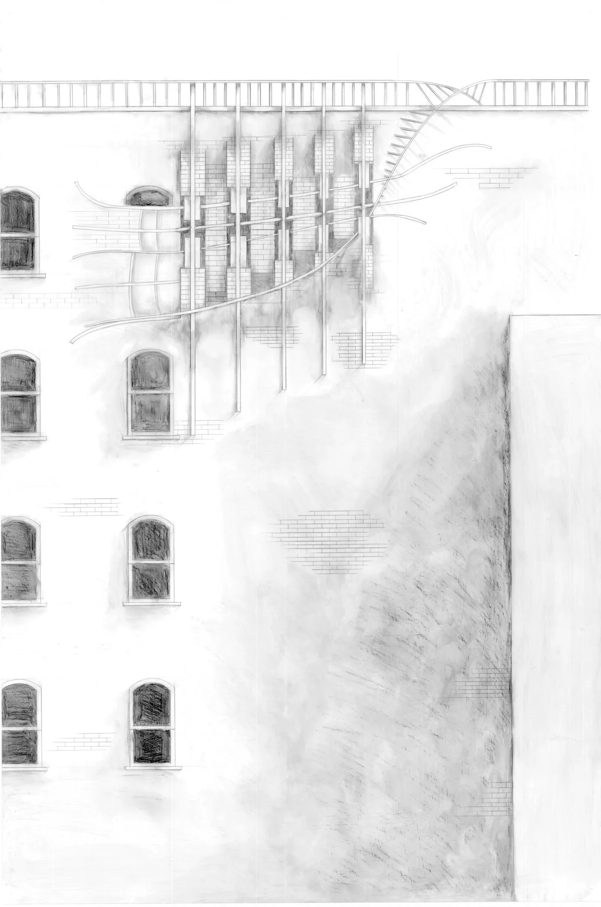 Design 102 | Artist Studio - Critic: Lawrence Blough - Hand-Rendered Elevation - Mid-term - Building Site (pencil on vellum)