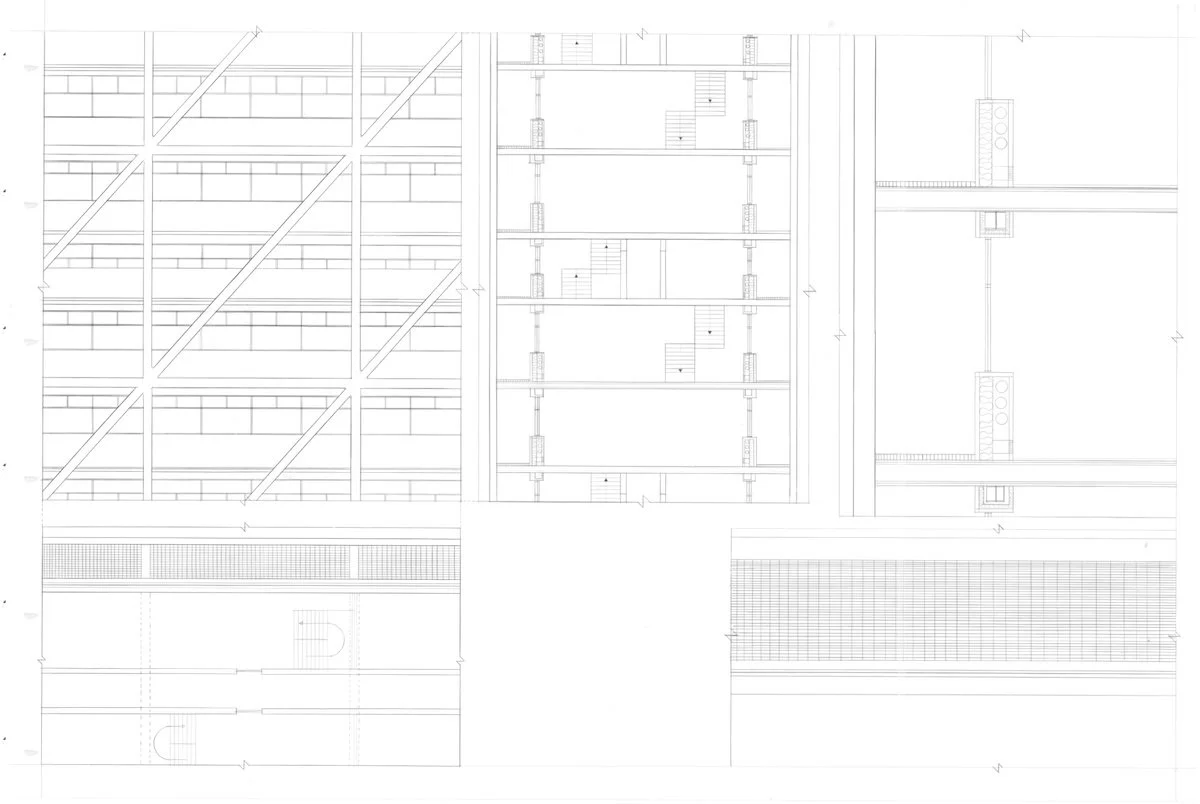 Design 301 | Comprehensive Design - Critic: Professor Donald Cromley (3rd Year, Fall 2002) - Curtainwall Elevation, 2 Sections & Stairwell Plan (pencil on vellum)