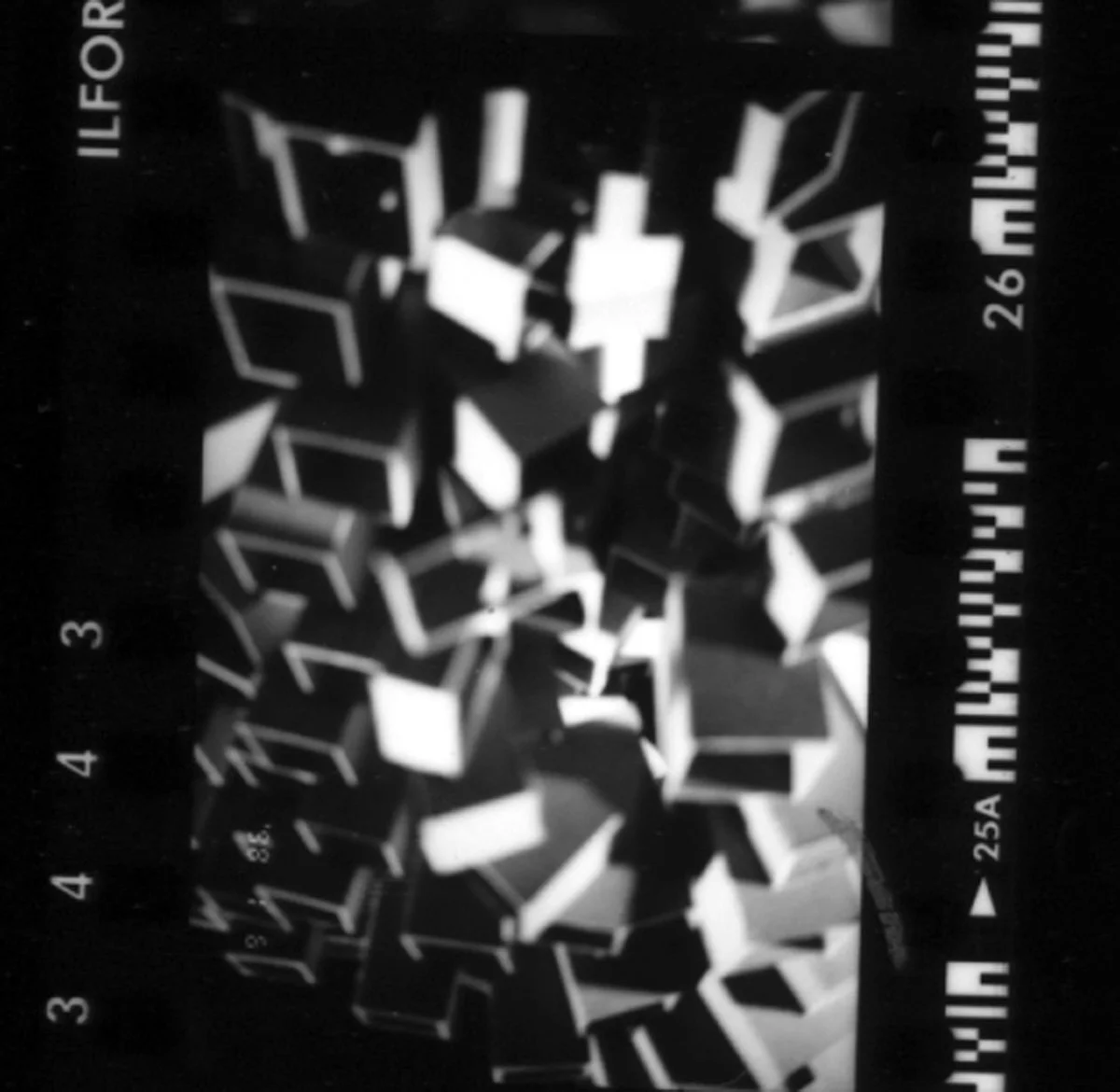 Design 402 - Ecstatic Architecture: School for the Performing Arts - Midterm - Model Photo - View 7, looking down from the top (black and white)