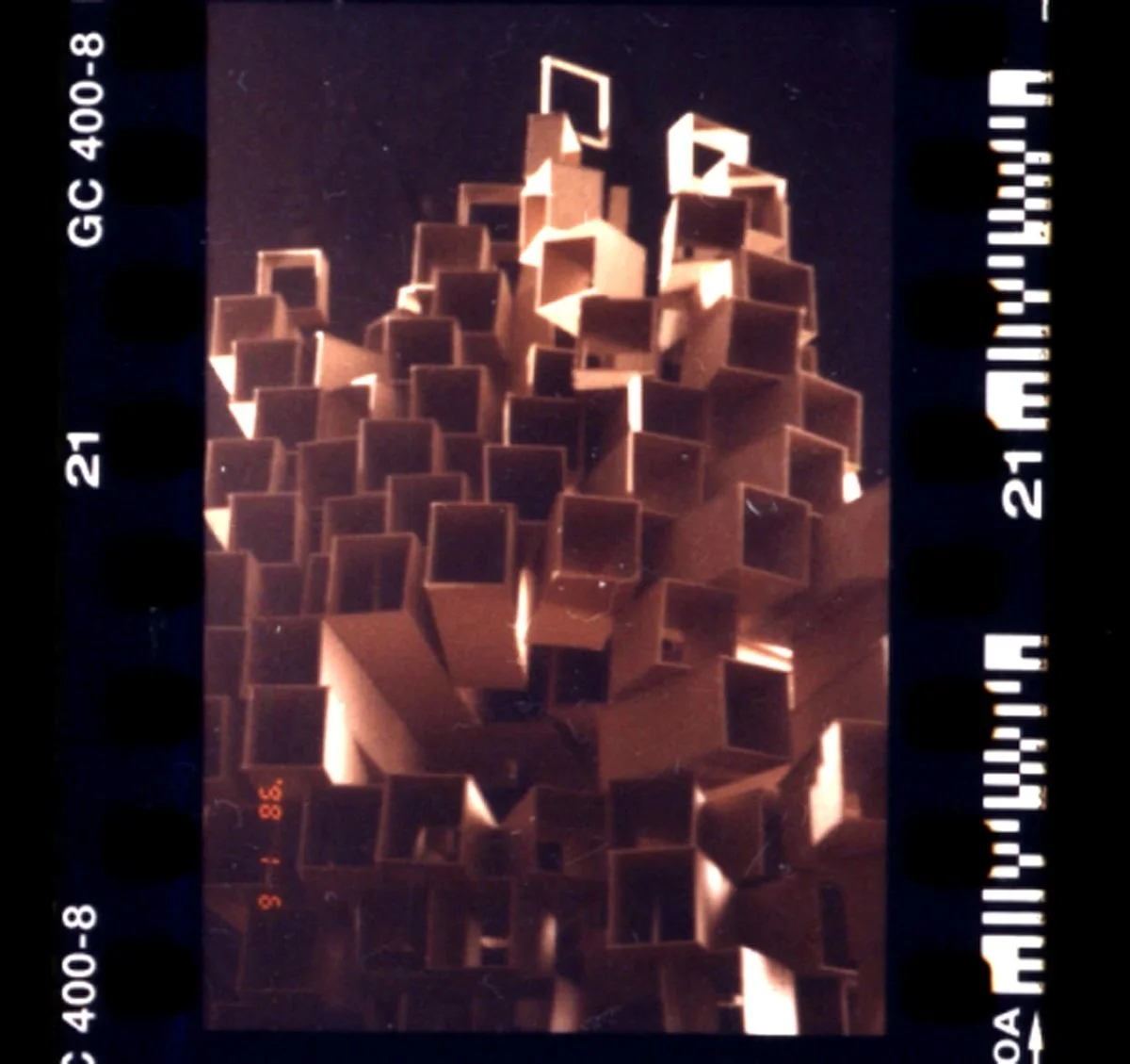 Design 402 - Ecstatic Architecture: School for the Performing Arts - Midterm - Model Photo - View 3, looking up (color)