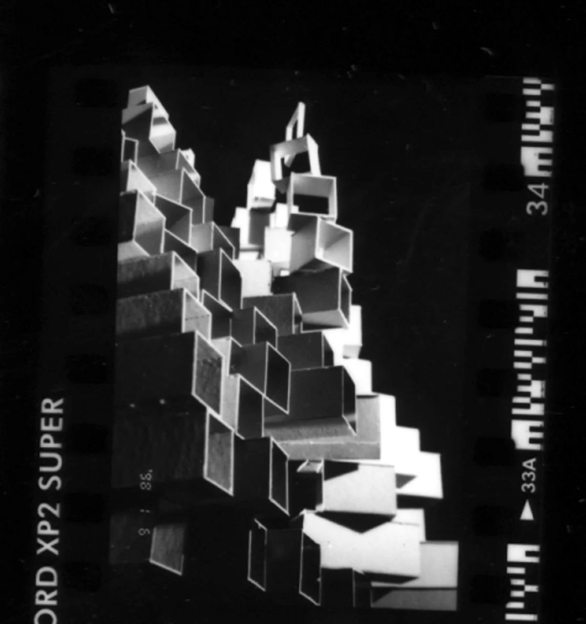 Design 402 - Ecstatic Architecture: School for the Performing Arts - Midterm - Model Photo - View 8, looking up to the top (black and white)