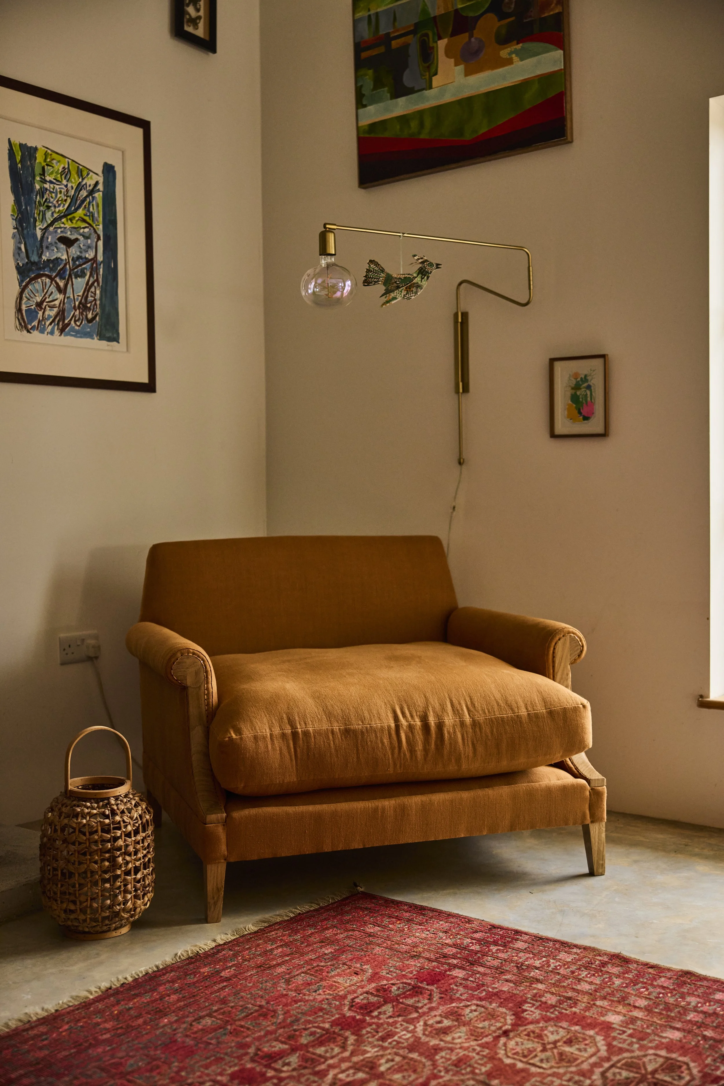 Handmade solid oak loveseat with comfortable natural upholstery made near the Cotswolds