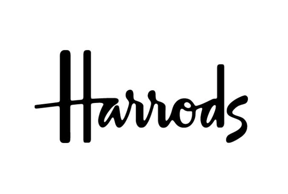 Harrods logo in black cursive font on a white background.
