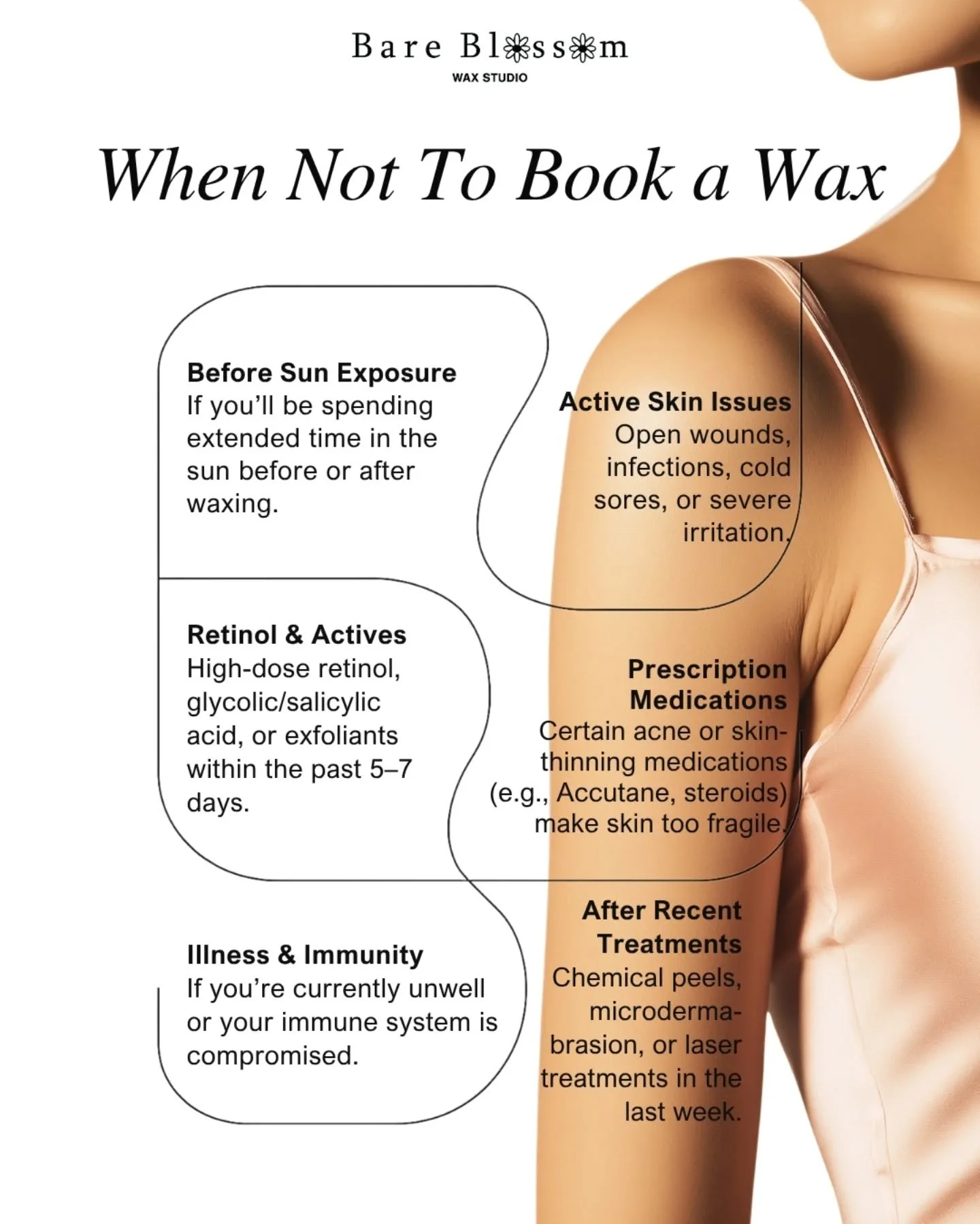 Friendly reminder from your wax girl.
Skipping your appointment can sometimes be the best thing for your skin.

If any of these apply, hold off:
☀️ Sun exposure
🧴 Strong % of Retinol/actives
🚫 Skin irritation or open areas
💊 Skin-thinning medicati