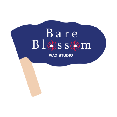 Bare Blossom Wax Studio logo with white serif lettering, pink flower accents, and a waxing stick design on a dark blue background.
