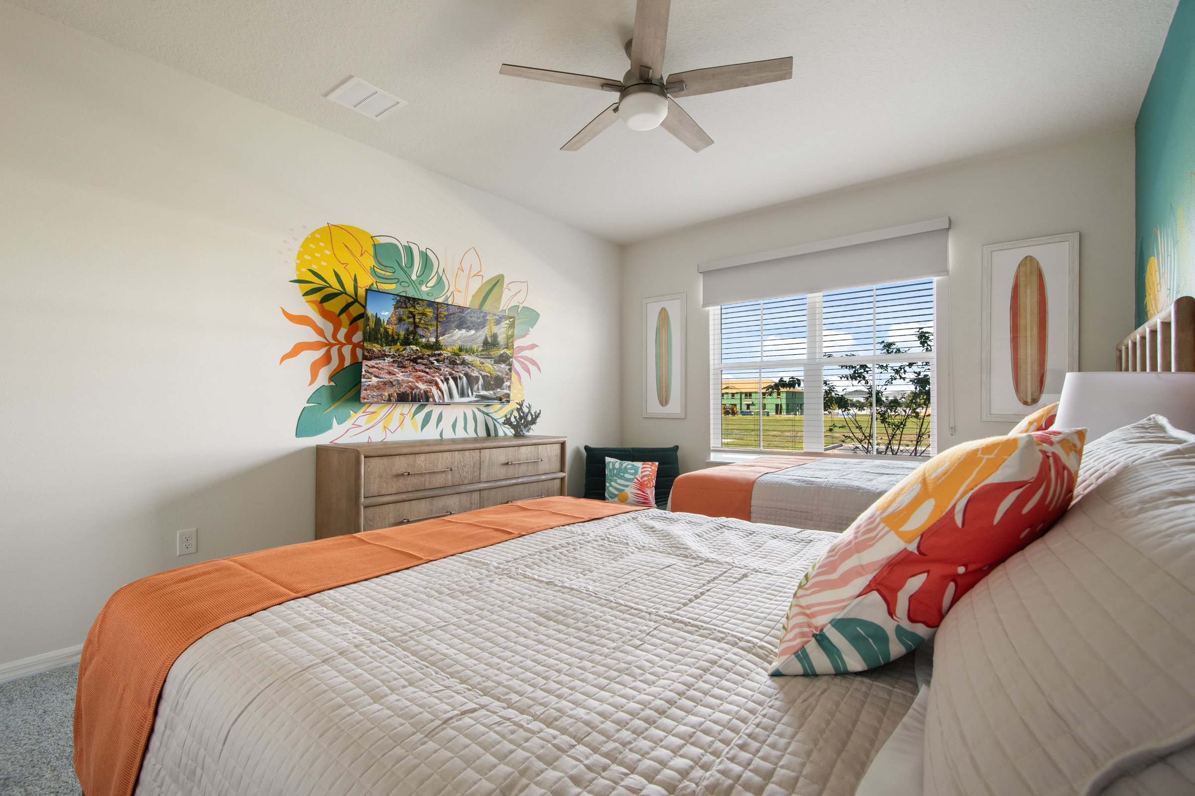 Family-friendly private villa in Windsor Cay Resort near Orlando, Disney, and Universal Studios. Themed bedrooms, boho chic surf vibes, spacious living, 10-bedroom, 8-bath home with private pool and spa.