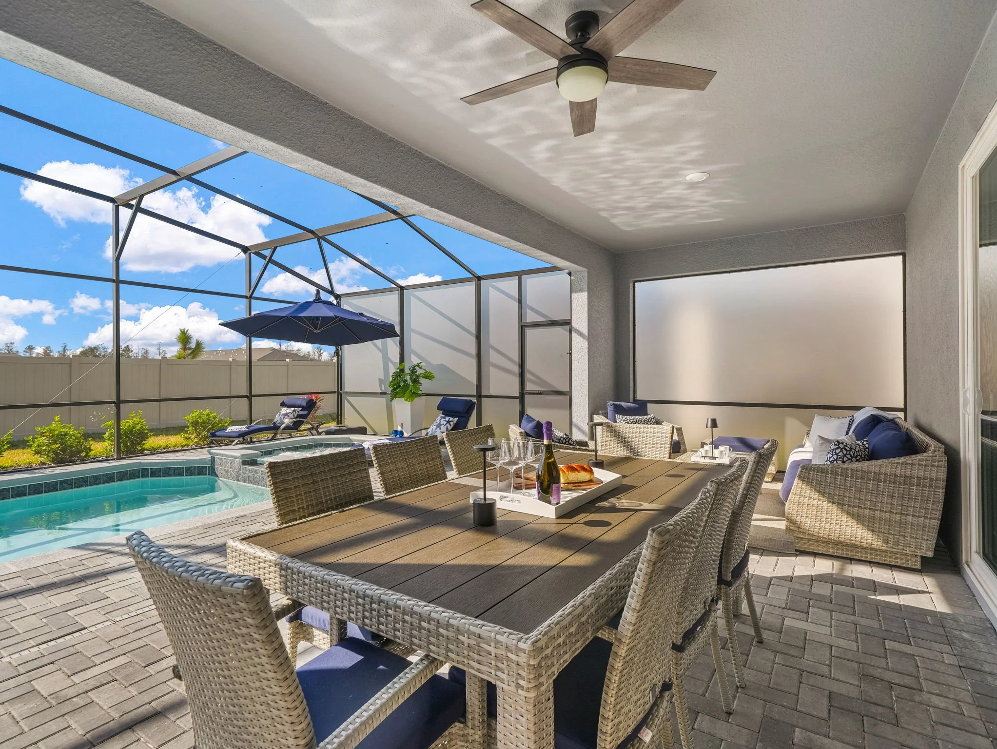 Dine on the patio at this private villa in Windsor Cay Resort near Orlando, Disney, and Universal Studios. Great for families and large parties, a 10-bedroom, 8-bath home with spacious living.