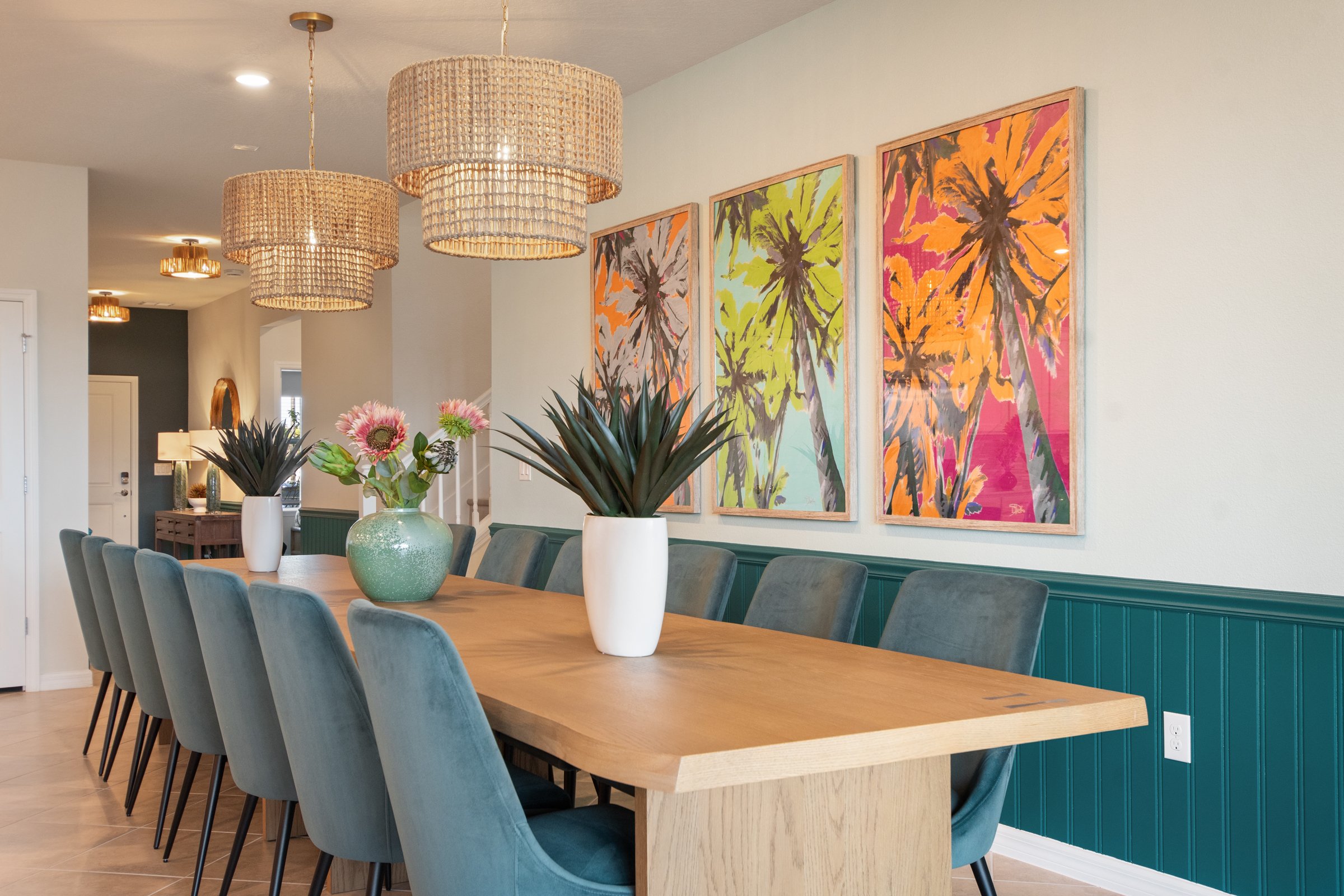 Spacious dining, great for large parties in a private villa in Windsor Cay Resort near Orlando, Disney, and Universal Studios. Family friendly; a 10-bedroom, 8-bath home with private pool and spa.