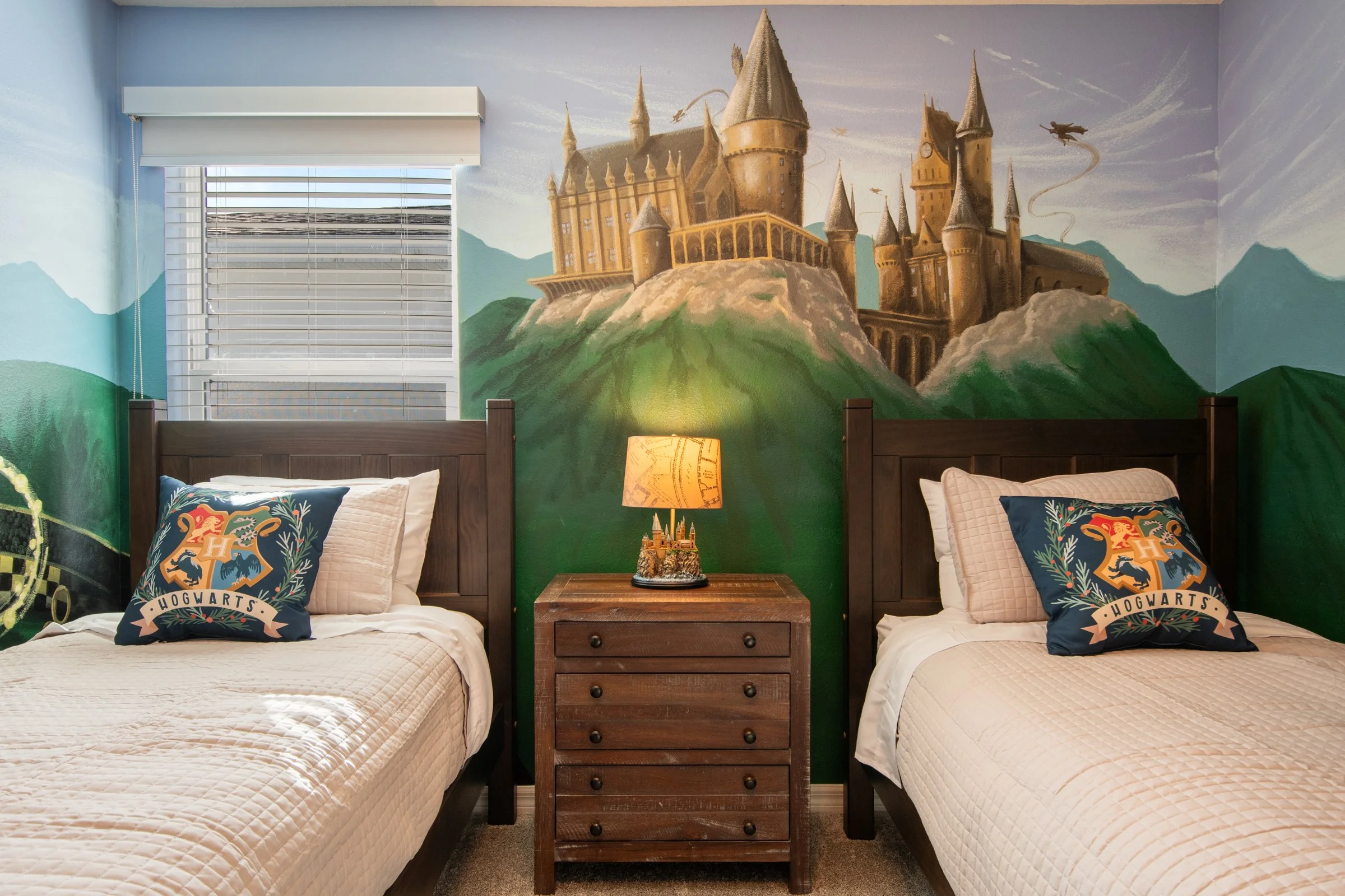 Luxury private villa in Windsor Cay Resort near Orlando, Disney, and Universal Studios. Harry Potter themed bedroom with twin beds, TVs in every bedroom, spacious living, 10-bedroom, 8-bath home with private pool and spa.