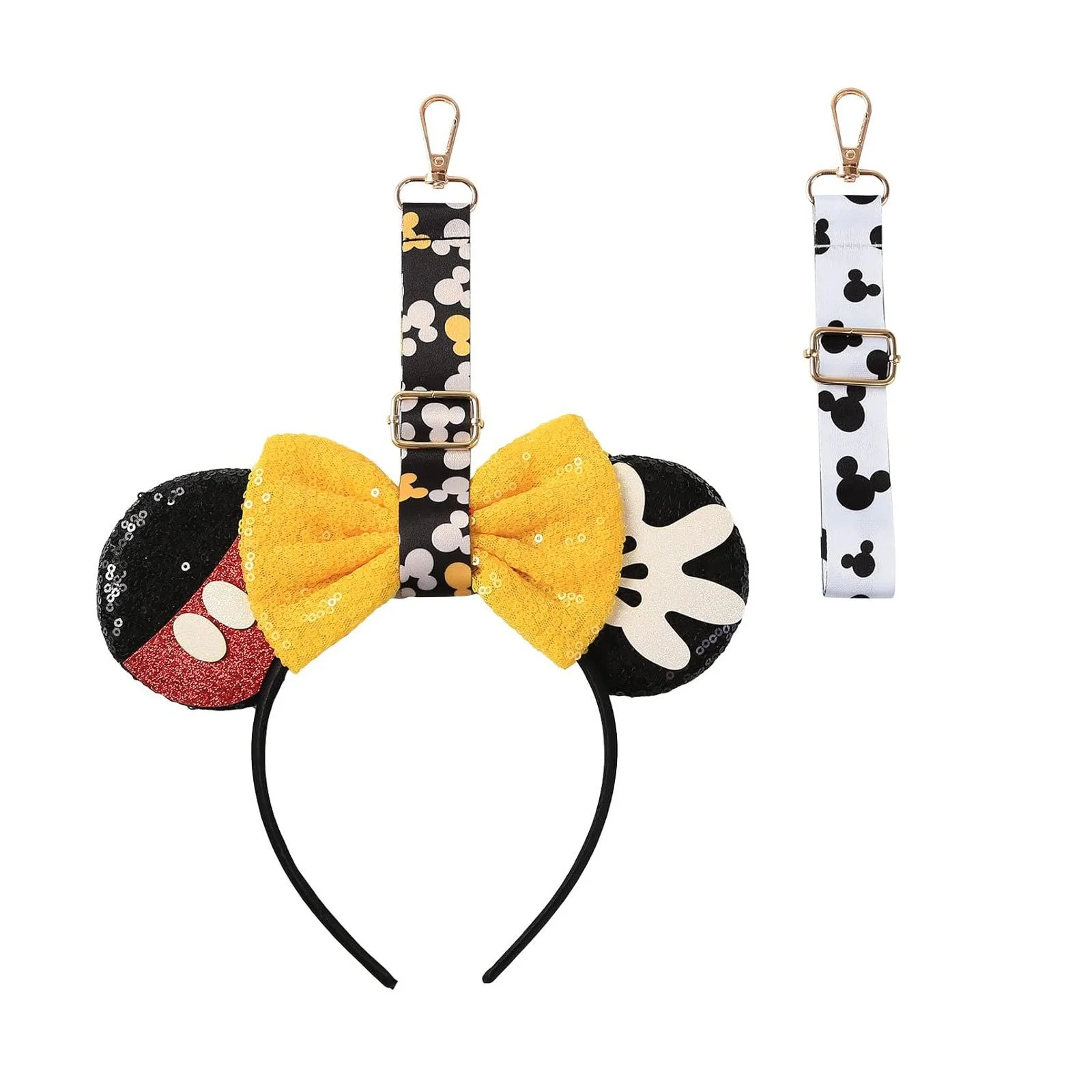 Minnie Mouse themed headband with black ears decorated with red, black, and white sequins, and yellow polka dot bow, plus two matching straps featuring black and white Mickey Mouse head patterns.